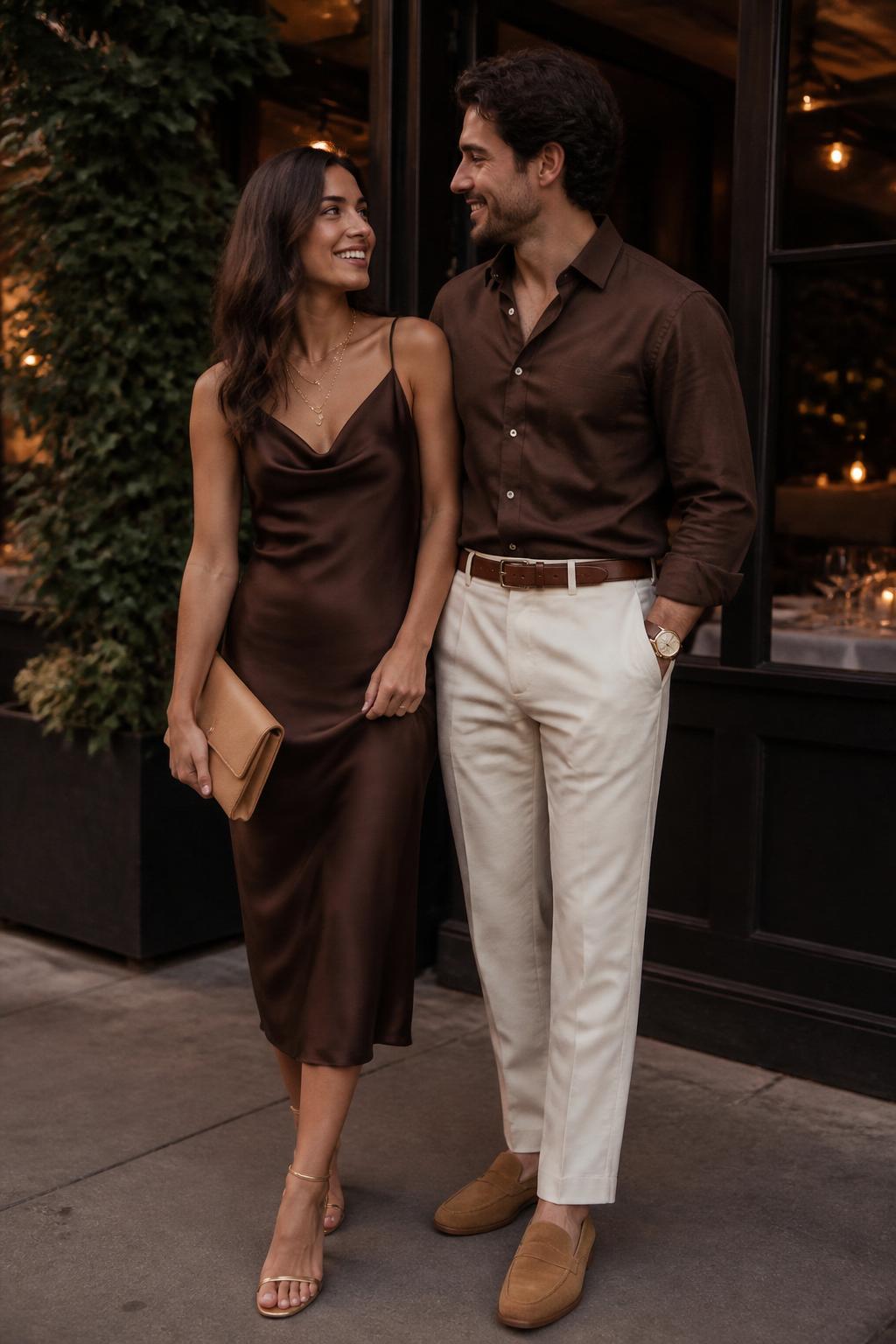 Outfit Image Prompt:
A stylish couple standing outside a cozy upscale restaurant at dusk, realistic soft editorial phone photo, natural skin texture, gentle evening light, soft shadows, blurred warm window lights behind them. The woman wears a chocolate brown satin midi dress with a soft draped neckline, gold strappy heels, a tan clutch, layered gold necklaces, and softly curled hair. The man wears cream tailored trousers, a chocolate brown button-down shirt, tan suede loafers, a brown belt, and a gold watch. Their outfits coordinate through brown, cream, and warm gold tones. The pose is relaxed and candid, with natural fabric wrinkles, real clothing movement, no glossy AI finish, no over-sharpening, no waxy faces, no plastic-looking skin, no fake-perfect hands, no watermarks on images.