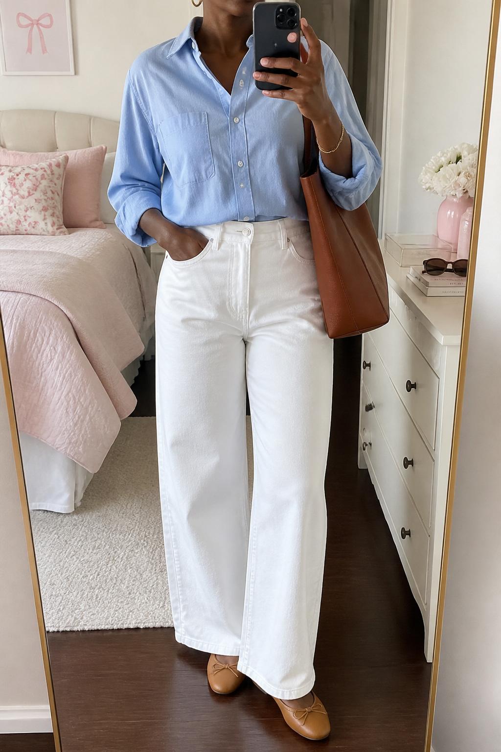 IMAGE_PROMPT: mirror selfie of a black woman wearing a blue cotton button-down shirt, white wide-leg pants, tan leather ballet flats, brown work tote bag, and small gold hoop earrings, clearly showing the same clothing items listed in the Outfit Pieces section, holding a phone in front of a mirror, cropped at the NECK so the face does not show, relaxed casual selfie pose, in a feminine-themed bedroom, soft morning light, with sunglasses placed on a dresser, latest iPhone photo quality.