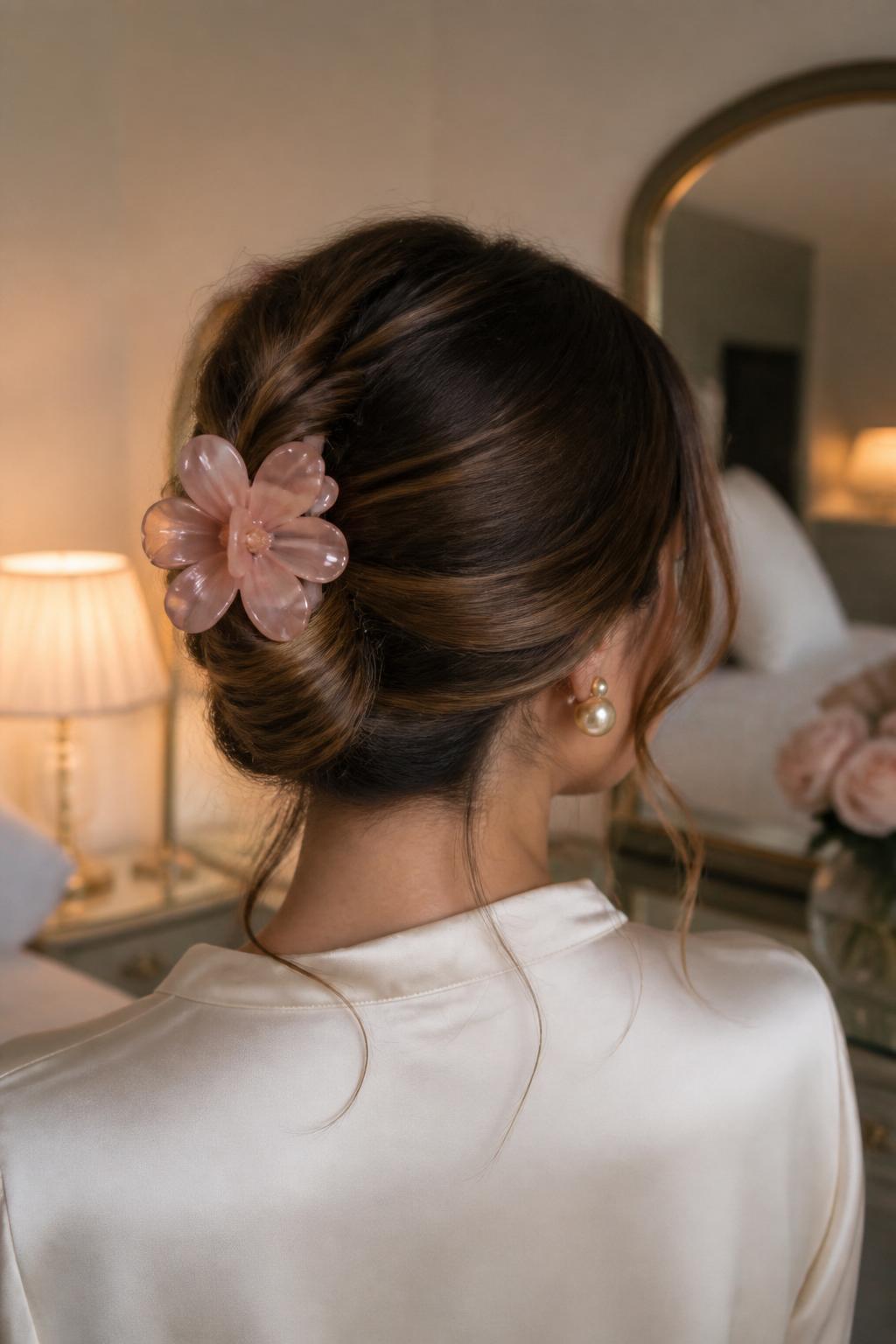 Image Prompt:
A realistic back-view hairstyle photo of a woman with medium-length brunette hair styled into a loose French twist secured with a large blush pink flower claw clip, smooth crown with soft volume, a few wispy strands around the nape and temples, cream satin blouse, pearl earrings, softly blurred bedroom vanity background, warm glowy light, elegant romantic hairstyle inspiration, high-resolution DSLR style, no text, (no watermarks on images)