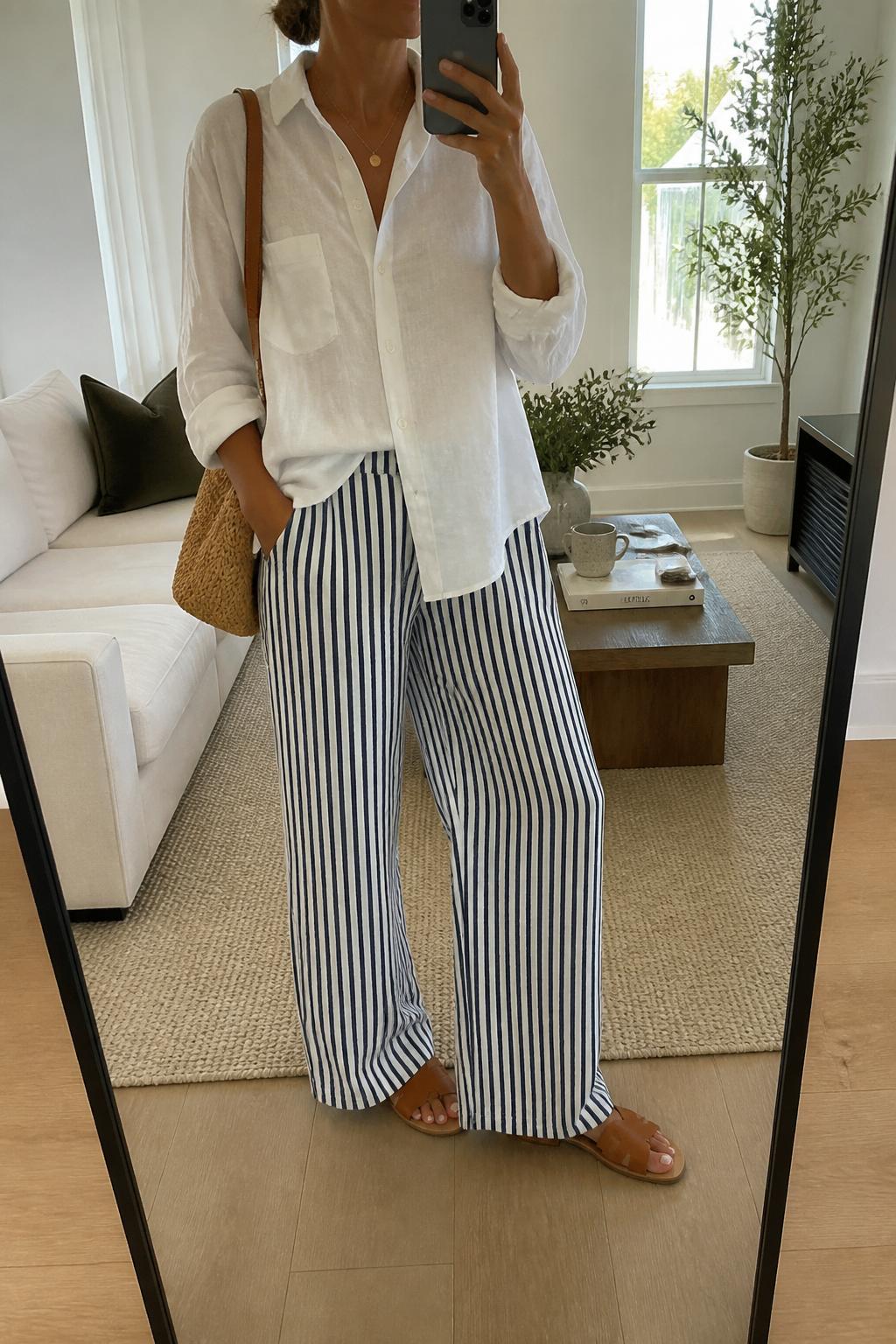 IMAGE_PROMPT: mirror selfie of a woman wearing a white linen button-down shirt, navy and white striped wide-leg pants, tan leather slide sandals, woven shoulder bag, and loose low bun, clearly showing the same clothing items listed in the Outfit Pieces section, holding a phone in front of a mirror, cropped at the NECK so the face does not show, relaxed casual selfie pose, in a modern living room mirror setup, natural window light, with coffee table with a book and mug, latest iPhone photo quality.