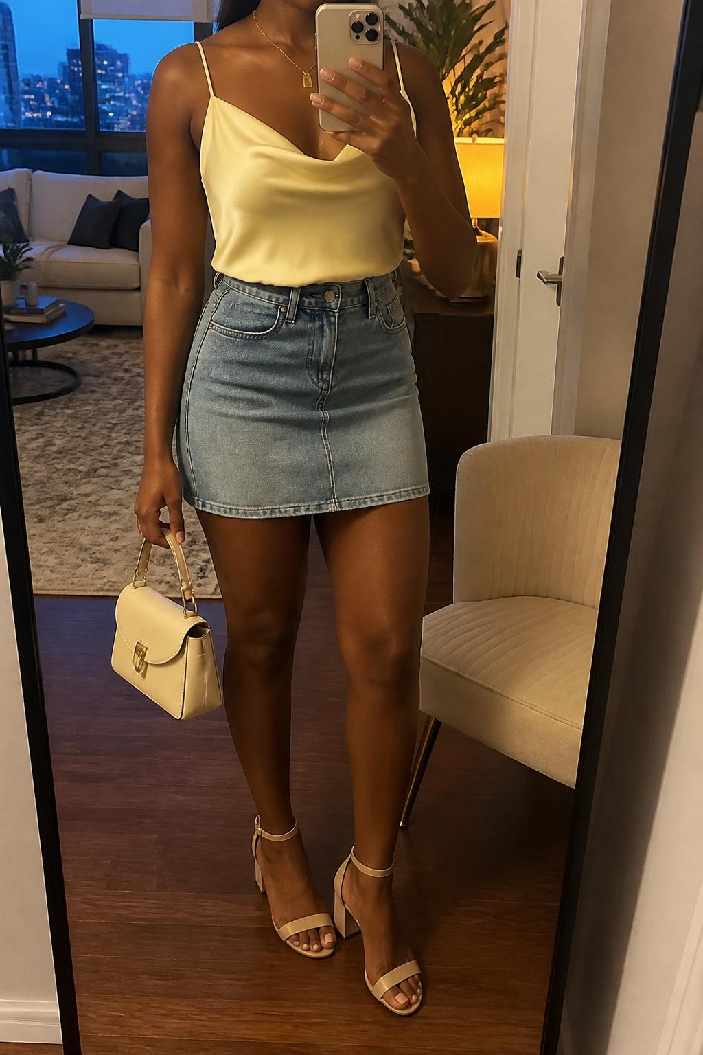 IMAGE_PROMPT: mirror selfie of a black woman wearing a soft yellow satin camisole, medium wash straight denim mini skirt, nude block-heel sandals, cream mini handbag, and delicate gold necklace, clearly showing the same clothing items listed in the Outfit Pieces section, holding a phone in front of a mirror, cropped at the NECK so the face does not show, relaxed casual selfie pose, in a stylish city apartment living room, warm moody lighting, with accent chair beside the mirror, latest iPhone photo quality.
