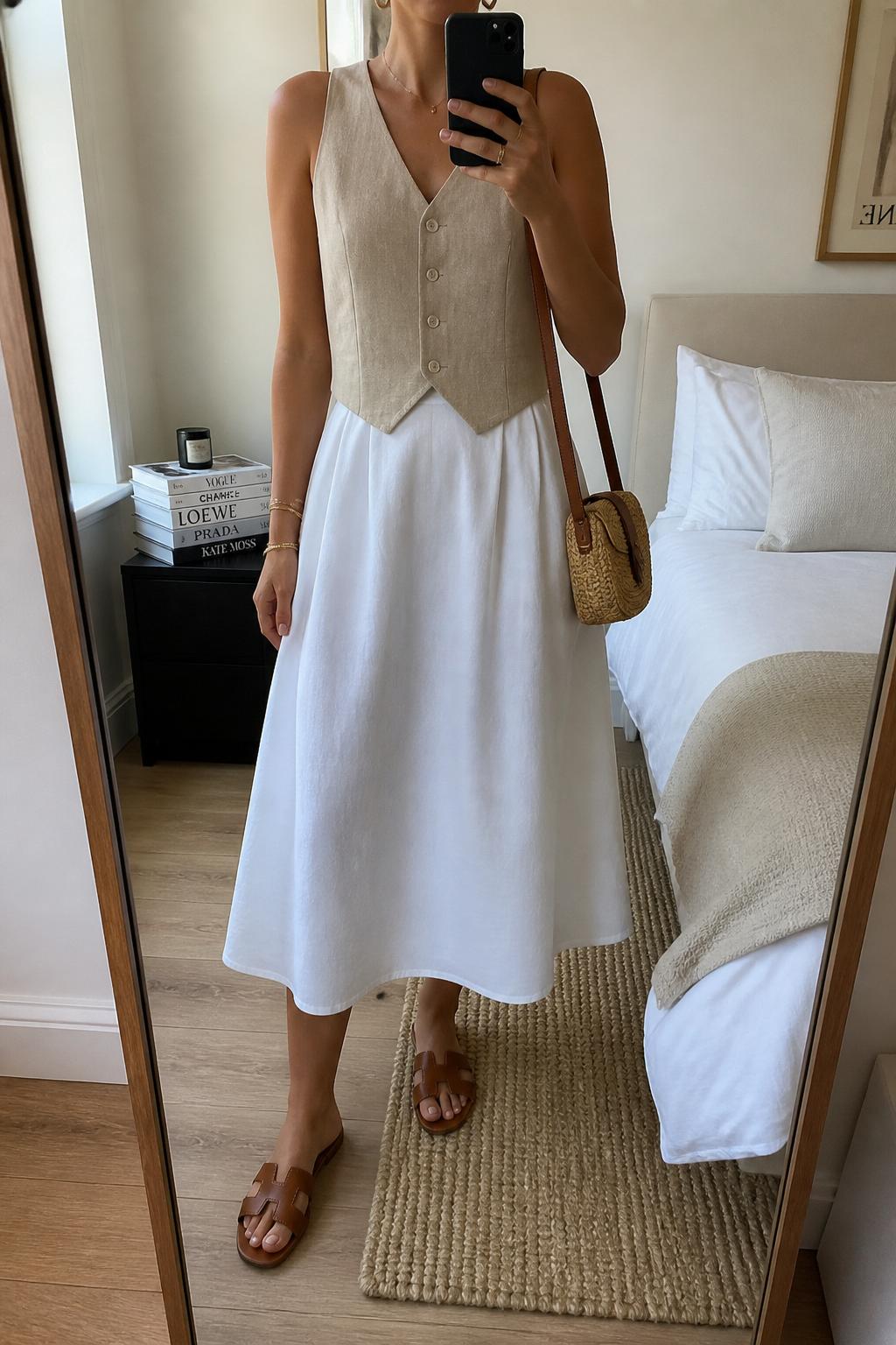 IMAGE_PROMPT: mirror selfie of a woman wearing a beige linen vest top, white cotton A-line midi skirt, brown leather sandals, tan woven crossbody bag, and small gold hoops, clearly showing the same clothing items listed in the Outfit Pieces section, holding a phone in front of a mirror, cropped at the NECK so the face does not show, relaxed casual selfie pose, in a stylish city apartment bedroom, natural window light, with stack of fashion magazines on a side table, latest iPhone photo quality.