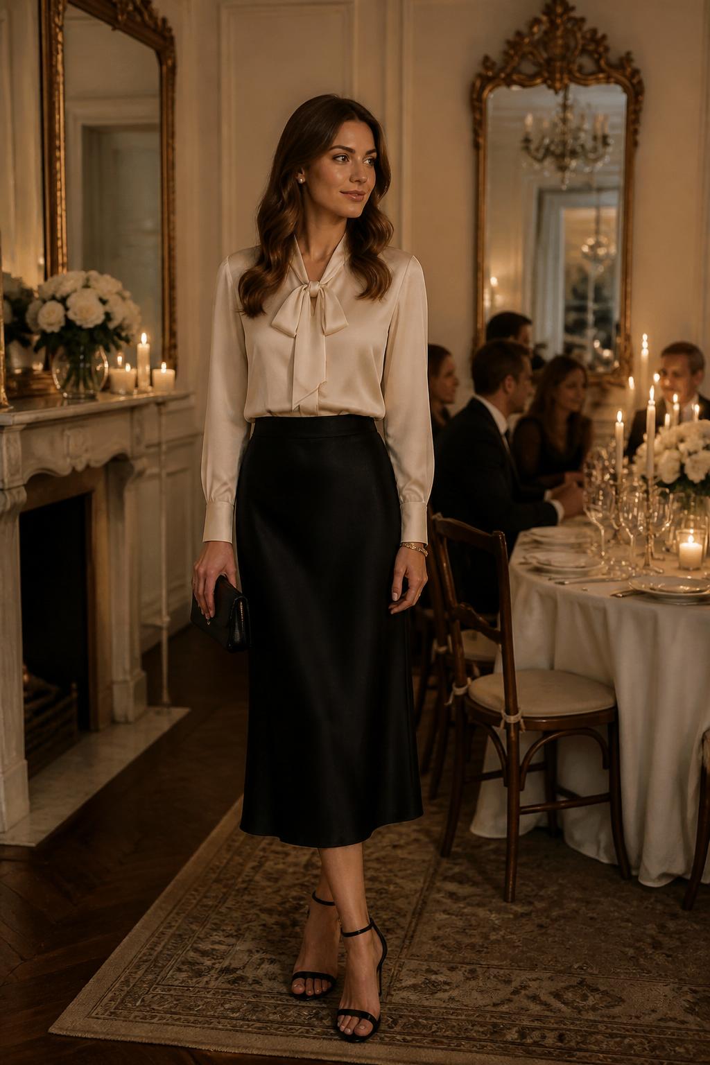 Image Prompt:
A classy old money party outfit featuring a woman wearing a cream silk blouse with a soft bow neckline, a black high-waisted satin midi skirt, black heeled sandals, a small black clutch, pearl studs, a gold bracelet, and soft waves. She is standing in a candlelit dining room with antique mirrors, cream walls, fresh flowers, and an elegant dinner party table in the background. Realistic DSLR editorial fashion image, refined feminine party outfit, soft silk and satin textures, no text, no watermark.