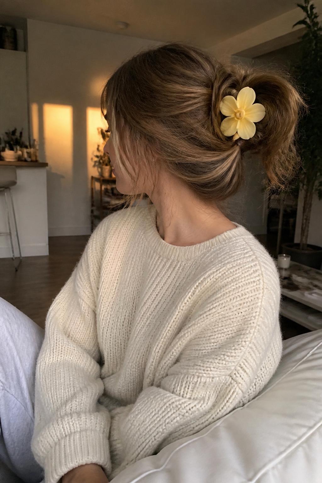 Image Prompt:
A realistic casual beauty photo of a woman with long dark blonde layered hair styled into a messy claw clip bun, hair loosely gathered at the back with a large pale yellow flower claw clip, soft ends spilling over the clip, wispy layers around the face, oversized cream cardigan, relaxed apartment setting, warm morning light, cozy Pinterest hairstyle inspiration, DSLR photography, no text, (no watermarks on images)