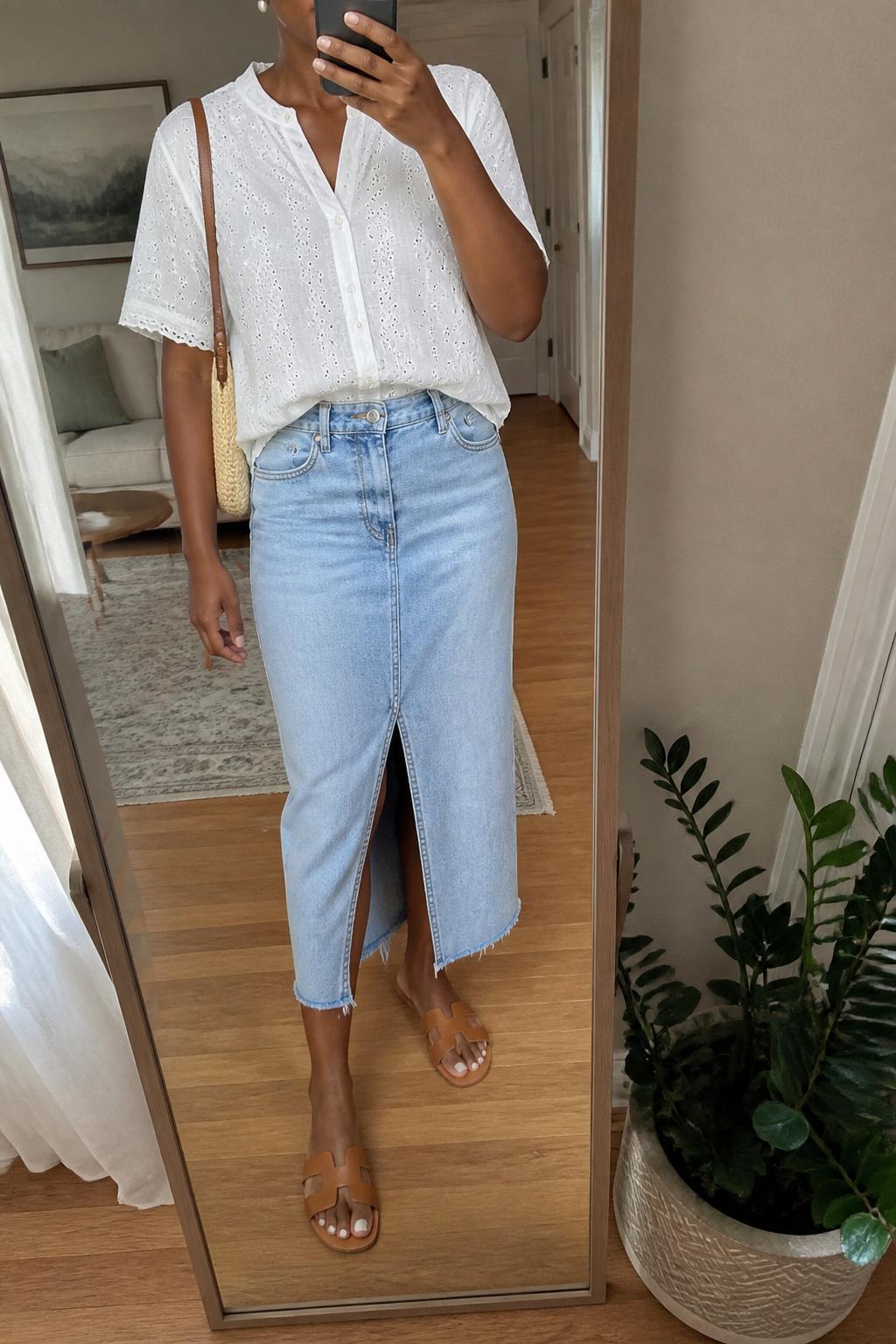 IMAGE_PROMPT: mirror selfie of a black woman wearing a white eyelet short-sleeve blouse, light wash denim midi skirt with front slit, tan leather slide sandals, raffia shoulder bag, and small pearl earrings, clearly showing the same clothing items listed in the Outfit Pieces section, holding a phone in front of a mirror, cropped at the NECK so the face does not show, relaxed casual selfie pose, in a cozy living room with a leaning floor mirror, natural window light, with small plant beside the floor mirror, latest iPhone photo quality.