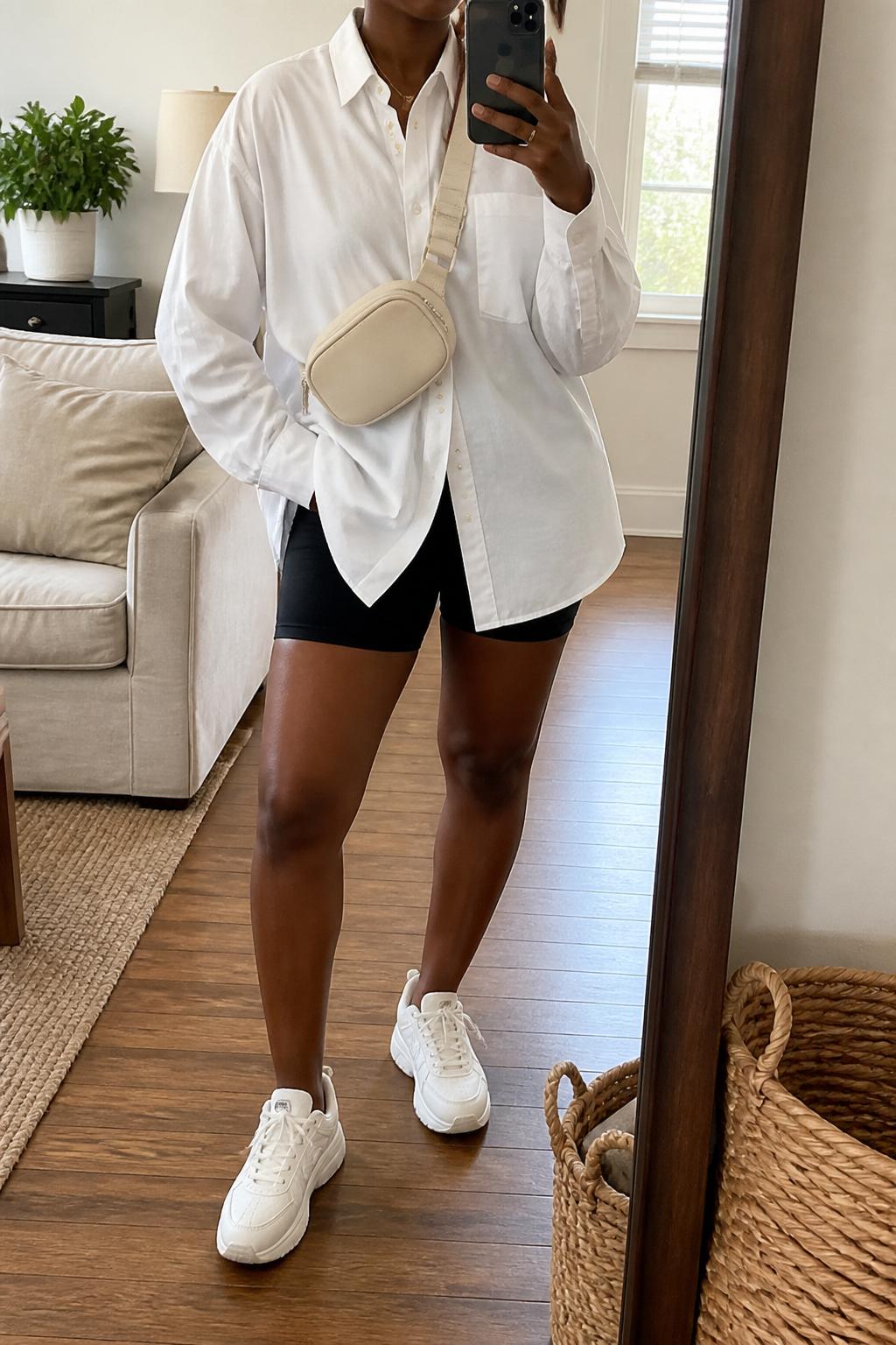IMAGE_PROMPT: mirror selfie of a black woman wearing an oversized white cotton button-down shirt, black biker shorts, white chunky sneakers, black sunglasses, and cream belt bag, clearly showing the same clothing items listed in the Outfit Pieces section, holding a phone in front of a mirror, cropped at the NECK so the face does not show, relaxed casual selfie pose, in a cozy living room with a leaning floor mirror, natural window light, with woven basket near the mirror, latest iPhone photo quality.
