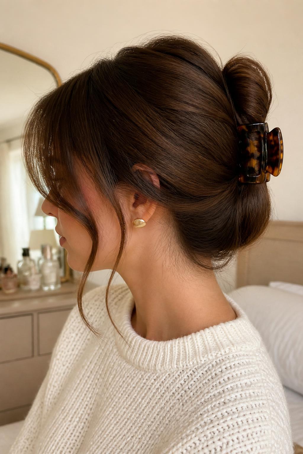 Image Prompt:
A realistic editorial beauty photo of a woman with medium-length brunette hair styled into a soft French twist secured with a medium tortoiseshell claw clip, loose face-framing strands around the cheeks, smooth crown with gentle volume, softly tucked ends, cream knit sweater, gold stud earrings, warm natural window light, neutral bedroom vanity background, polished everyday hairstyle inspiration, high-resolution DSLR photo, no text, (no watermarks on images)