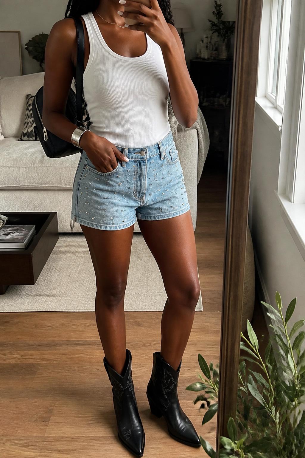 IMAGE_PROMPT: mirror selfie of a black woman wearing a white fitted tank top, light wash studded denim shorts, black western ankle boots, black mini backpack, and silver cuff bracelet, clearly showing the same clothing items listed in the Outfit Pieces section, holding a phone in front of a mirror, cropped at the NECK so the face does not show, relaxed casual selfie pose, in a cozy living room with a leaning floor mirror, natural window light, with small plant beside the floor mirror, latest iPhone photo quality.
