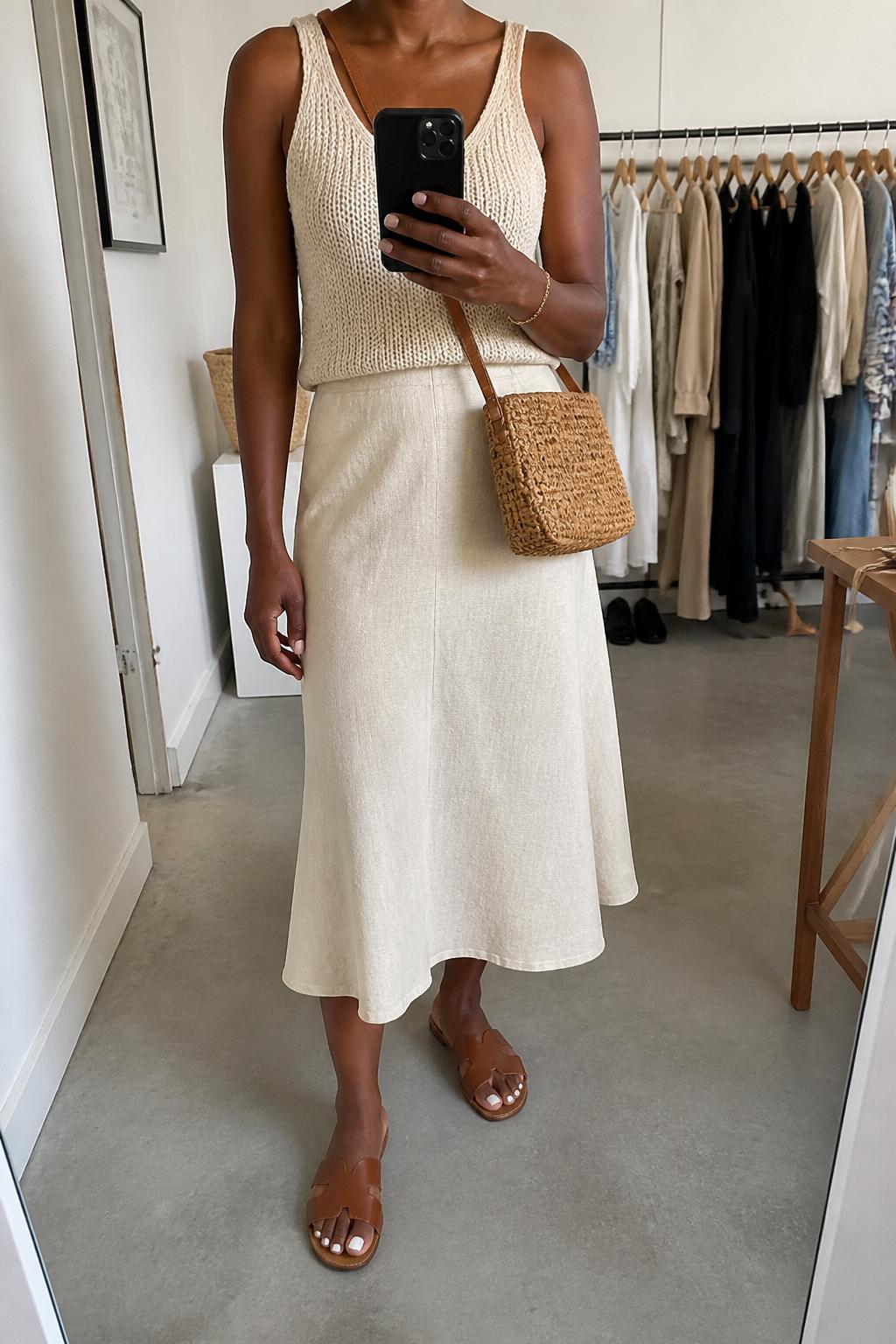 IMAGE_PROMPT: mirror selfie of a black woman wearing an oatmeal thick knit tank top, cream linen midi skirt, brown leather flat sandals, tan woven crossbody bag, and delicate gold bracelet, clearly showing the same clothing items listed in the Outfit Pieces section, holding a phone in front of a mirror, cropped at the NECK so the face does not show, relaxed casual selfie pose, in a fashion studio mirror corner, soft morning light, with clothing rack with garments behind, latest iPhone photo quality.