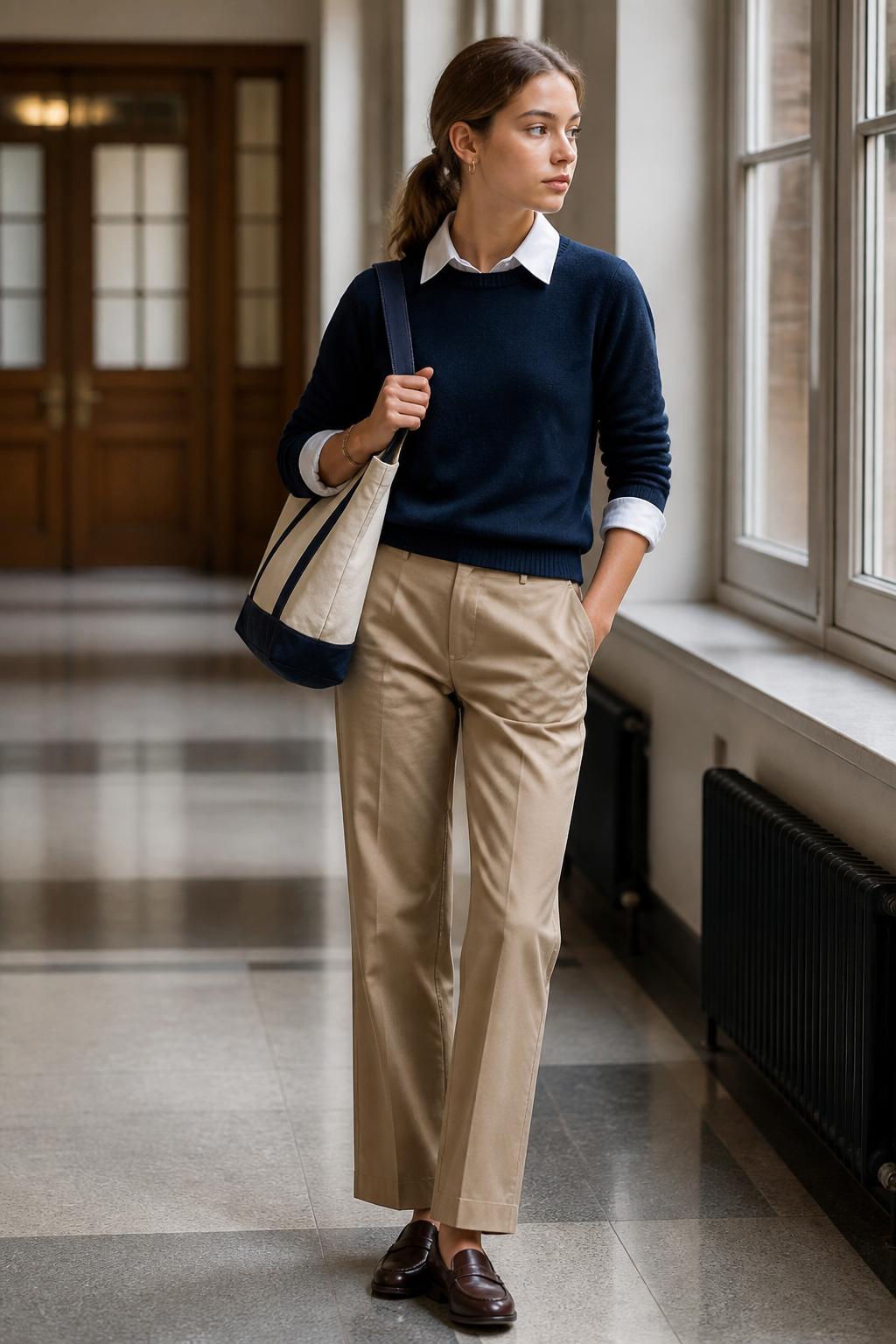 Image Prompt:
A classic old money school outfit showing a teen girl wearing a navy crewneck sweater layered over a crisp white collared shirt, with the collar and cuffs showing, paired with khaki straight-leg trousers, brown loafers, a structured canvas school tote, small gold hoops, and a low ponytail. She is standing near a school hallway with wooden doors, soft natural window light, and a clean preppy academic feel. Realistic DSLR fashion editorial image, full-body school outfit, polished but comfortable styling, no text, no watermark.