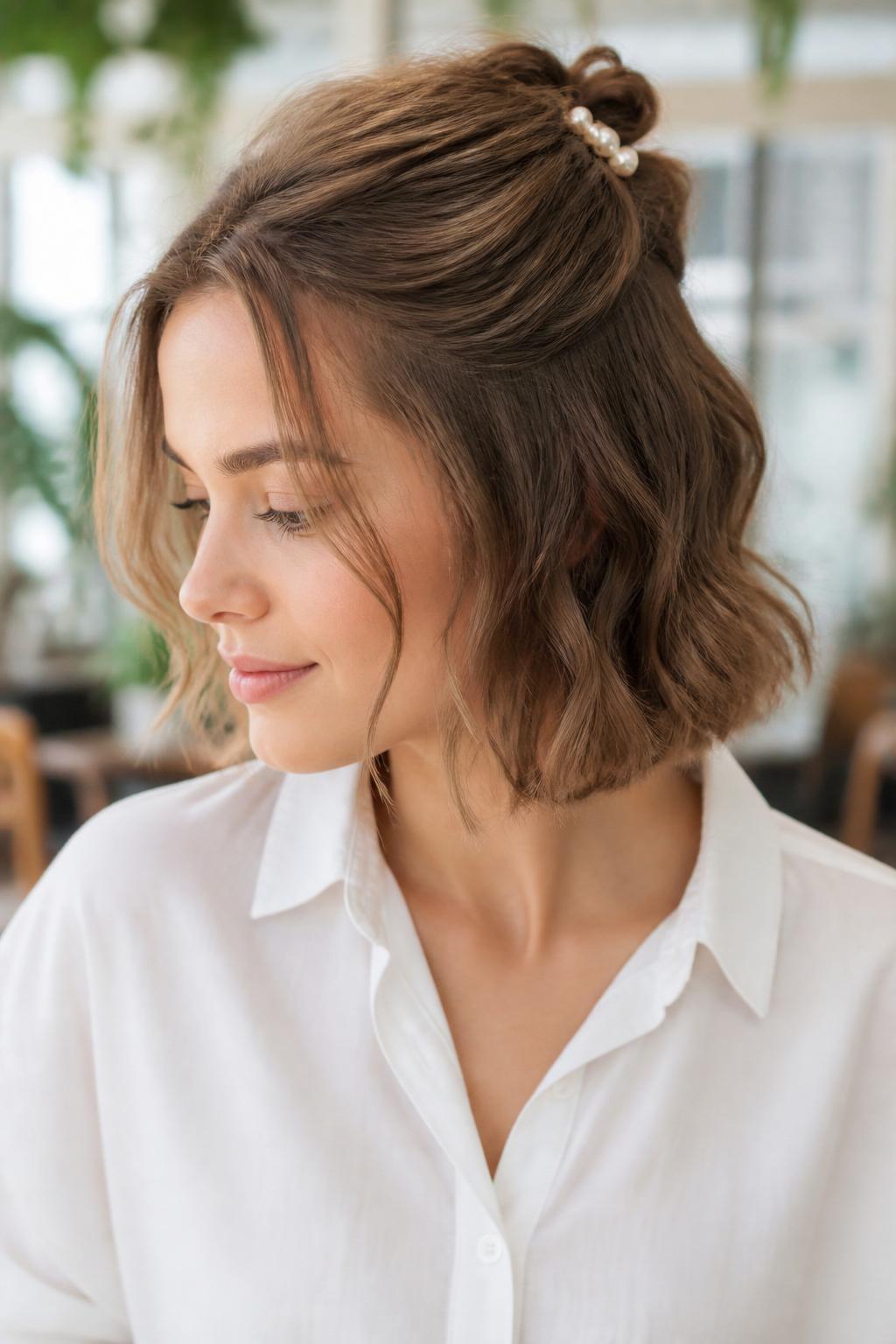 Image Prompt:
A realistic hairstyle photo of a woman with short wavy honey brown bob hair styled half-up with a small pearl claw clip at the crown, loose soft waves throughout, front pieces gently framing the face, front three-quarter view, white blouse, light makeup, airy cafe background, bright natural daylight, romantic feminine hairstyle inspiration, high-resolution DSLR style, no text, (no watermarks on images)