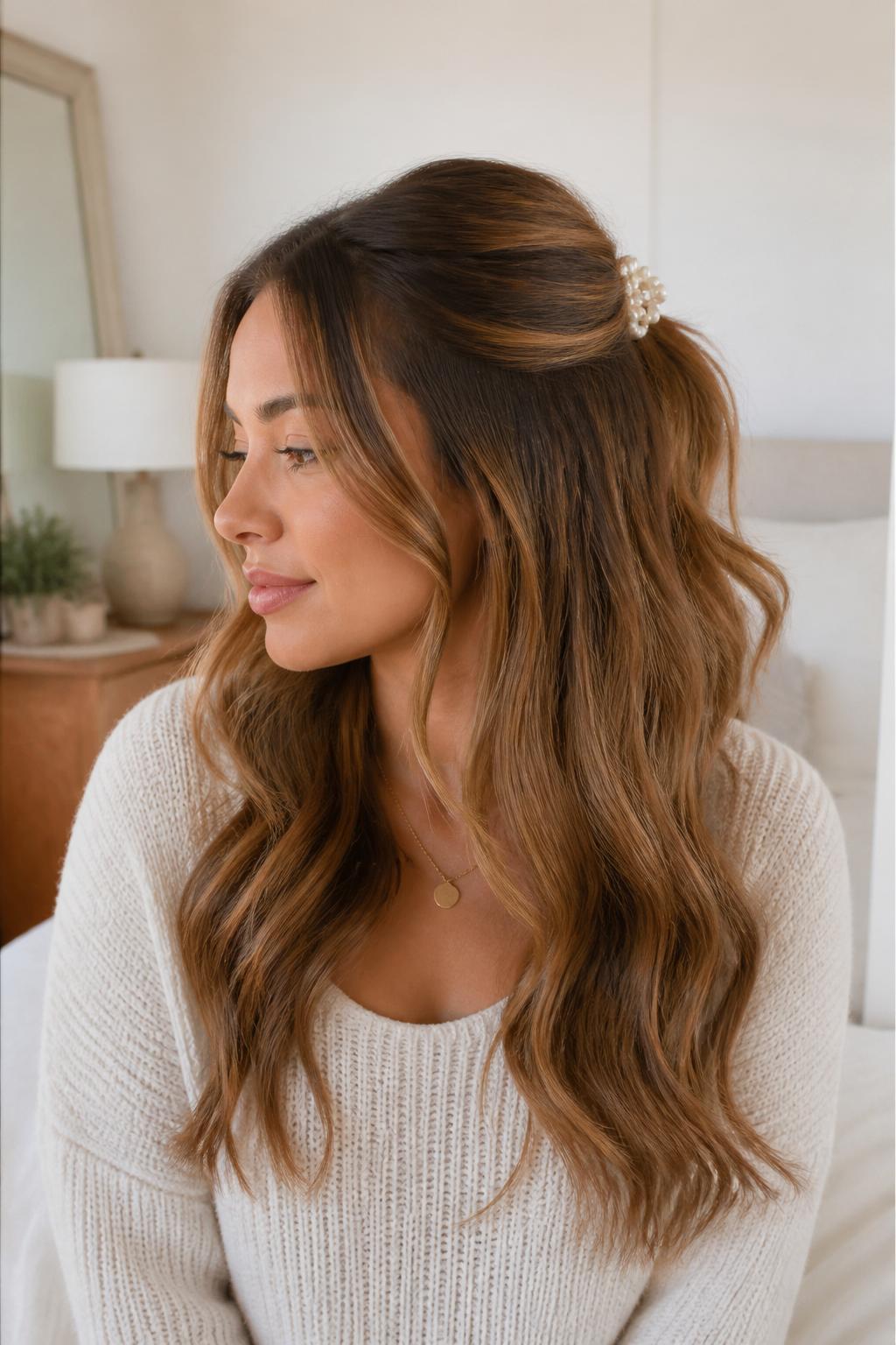 Image Prompt:
A realistic editorial beauty photo of a woman with medium-long honey brown wavy hair styled in a soft half-up hairstyle, the top section gently pulled back and secured with one small pearl mini claw clip at the crown, loose face-framing tendrils, soft waves flowing over the shoulders, cream knit top, delicate gold necklace, airy bedroom background, warm natural window light, feminine everyday hairstyle inspiration, high-resolution DSLR photo, no text, (no watermarks on images)