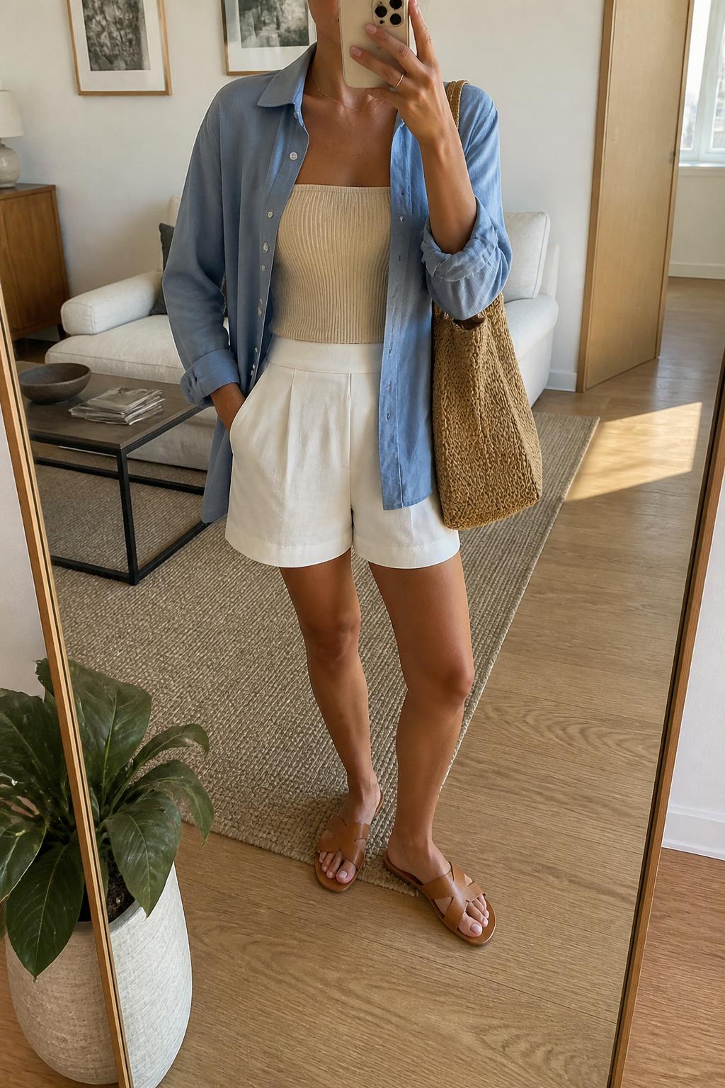 IMAGE_PROMPT: mirror selfie of a woman wearing a cream ribbed tube top, oversized blue cotton button-down shirt, white tailored shorts, tan leather flat sandals, and woven tote bag, clearly showing the same clothing items listed in the Outfit Pieces section, holding a phone in front of a mirror, cropped at the NECK so the face does not show, relaxed casual selfie pose, in a modern living room mirror setup, soft morning light, with small plant beside the floor mirror, latest iPhone photo quality.