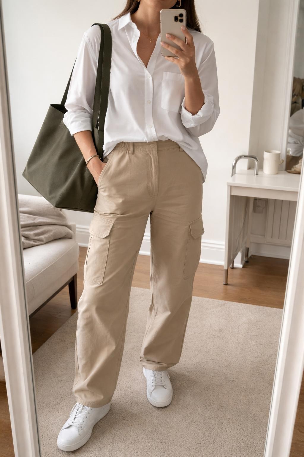 IMAGE_PROMPT: mirror selfie of a woman wearing a white crisp cotton poplin shirt, beige relaxed cotton twill cargo pants, white leather sneakers, olive green canvas tote, and small gold hoops, holding a phone in front of a mirror, cropped at the NECK so the face does not show, relaxed casual selfie pose, in a stylish city apartment, soft indoor lighting, with folded blanket on a chair and coffee mug on a bedside table. Latest iPhone photo quality.