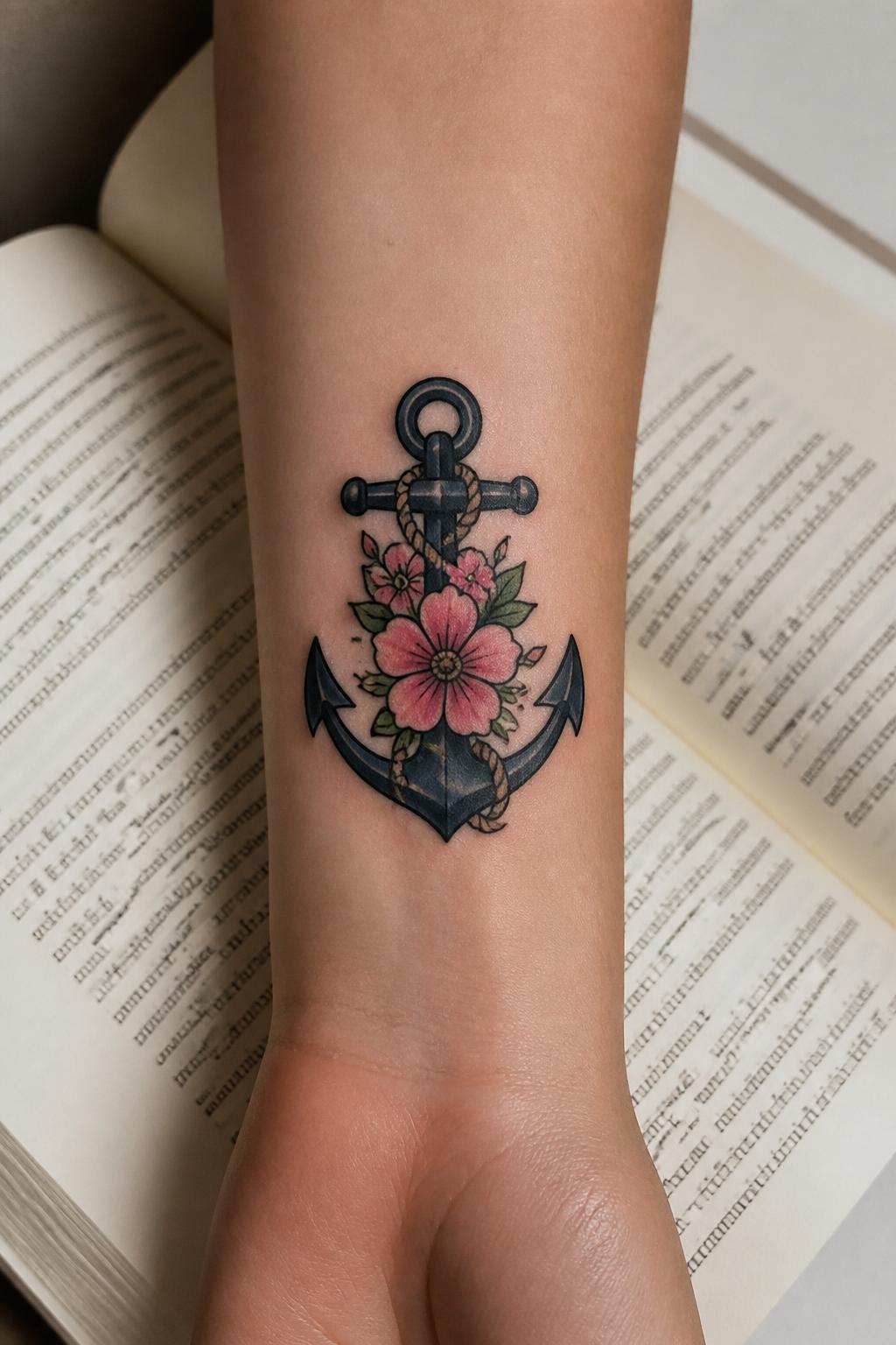 Image Prompt: "Close-up of a feminine American traditional anchor tattoo on the inner forearm, bold black anchor outline, soft navy shading, pink flowers wrapped around the center, green leaves, medium-small size, book page underneath the wrist, clean modern composition, realistic skin texture, tattoo design as the main subject"