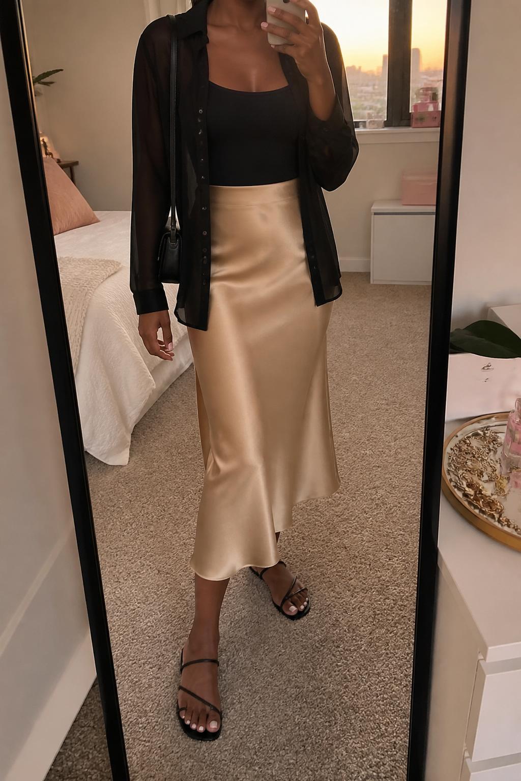 IMAGE_PROMPT: mirror selfie of a black woman wearing a sheer black long-sleeve button-down shirt, black fitted camisole, champagne satin midi skirt, black strappy flat sandals, and small black shoulder bag, clearly showing the same clothing items listed in the Outfit Pieces section, holding a phone in front of a mirror, cropped at the NECK so the face does not show, relaxed casual selfie pose, in a feminine-themed bedroom, evening golden hour, with jewelry tray on the vanity, latest iPhone photo quality.