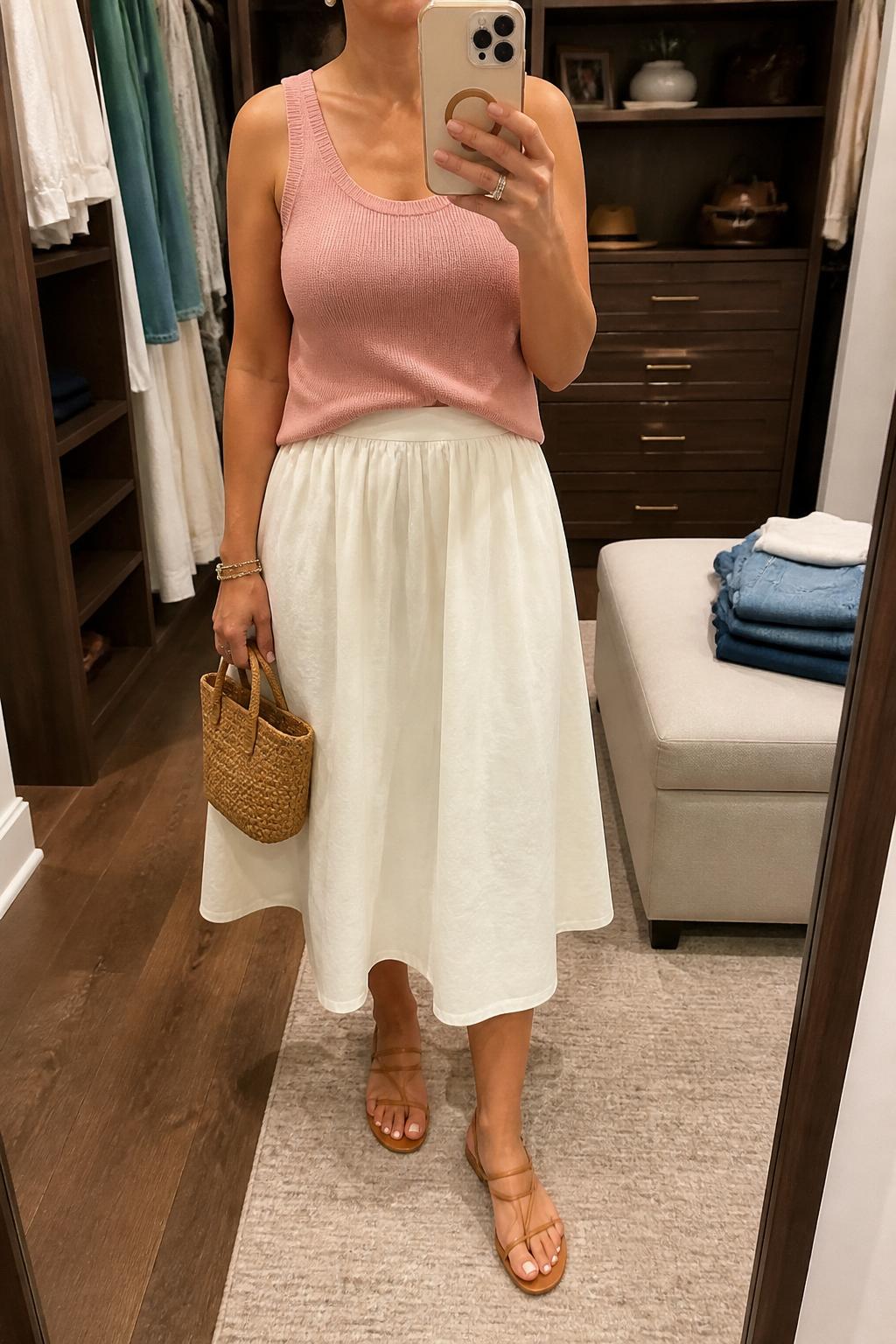 IMAGE_PROMPT: mirror selfie of a woman wearing a blush pink sleeveless knit tank, cream cotton midi skirt, tan strappy flat sandals, woven mini handbag, and pearl stud earrings, clearly showing the same clothing items listed in the Outfit Pieces section, holding a phone in front of a mirror, cropped at the NECK so the face does not show, relaxed casual selfie pose, in a walk-in closet mirror, soft indoor lighting, with folded denim jeans on a bench, latest iPhone photo quality.
