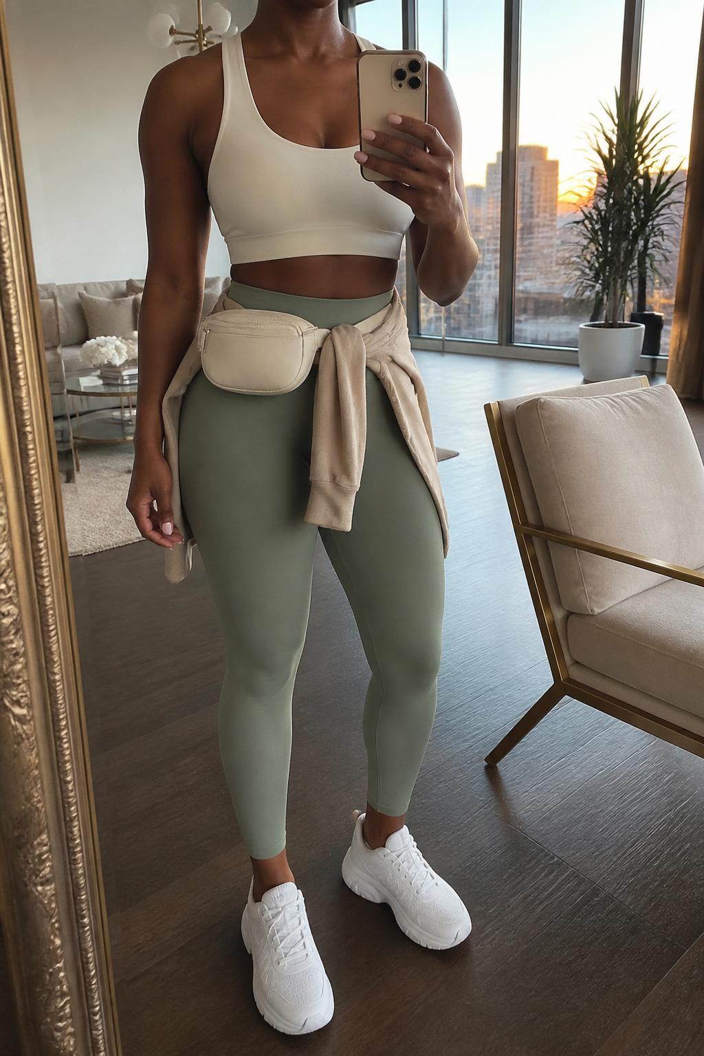 IMAGE_PROMPT: mirror selfie of a black woman wearing a cream longline sports bra, sage green high-waisted ankle leggings, white athletic sneakers, beige zip-up hoodie tied around the waist, and cream belt bag, clearly showing the same clothing items listed in the Outfit Pieces section, holding a phone in front of a mirror, cropped at the NECK so the face does not show, relaxed casual selfie pose, in a stylish city apartment living room, evening golden hour, with accent chair beside the mirror, latest iPhone photo quality.