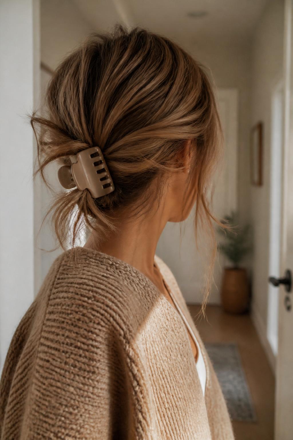 Image Prompt:
A realistic close-up hairstyle photo of a woman with medium-length dark blonde hair styled into a messy low twist with a matte beige claw clip at the nape, loose ends spilling softly from the clip, wispy strands around the hairline and neck, oversized cardigan, relaxed home hallway background, warm morning light, cozy casual hairstyle inspiration, DSLR quality, no text, (no watermarks on images)