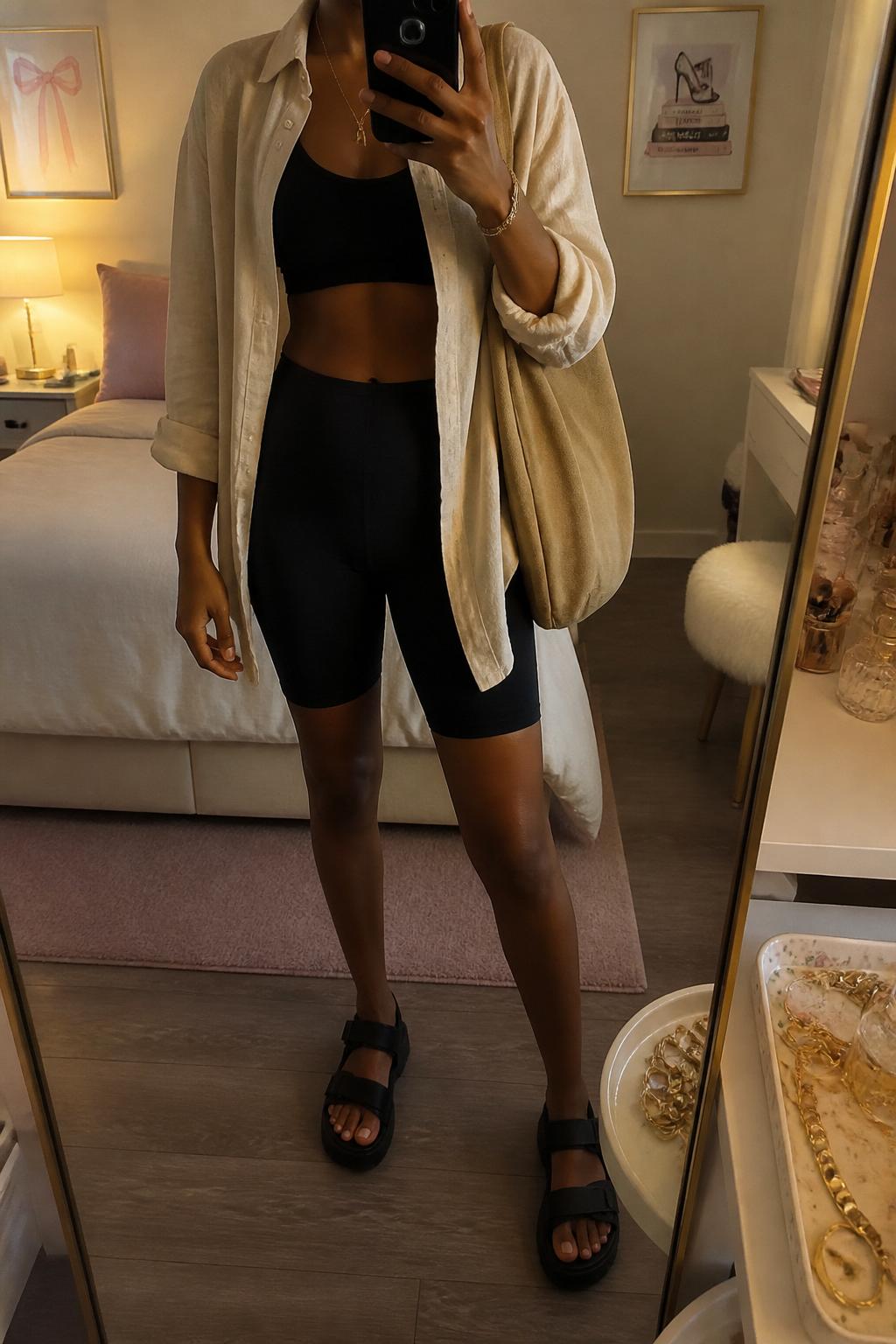 IMAGE_PROMPT: mirror selfie of a black woman wearing a black sports bra, light beige oversized linen shirt, black biker-length leggings, black chunky sandals, and tan canvas tote bag, clearly showing the same clothing items listed in the Outfit Pieces section, holding a phone in front of a mirror, cropped at the NECK so the face does not show, relaxed casual selfie pose, in a feminine-themed bedroom, evening golden hour, with jewelry tray on the vanity, latest iPhone photo quality.