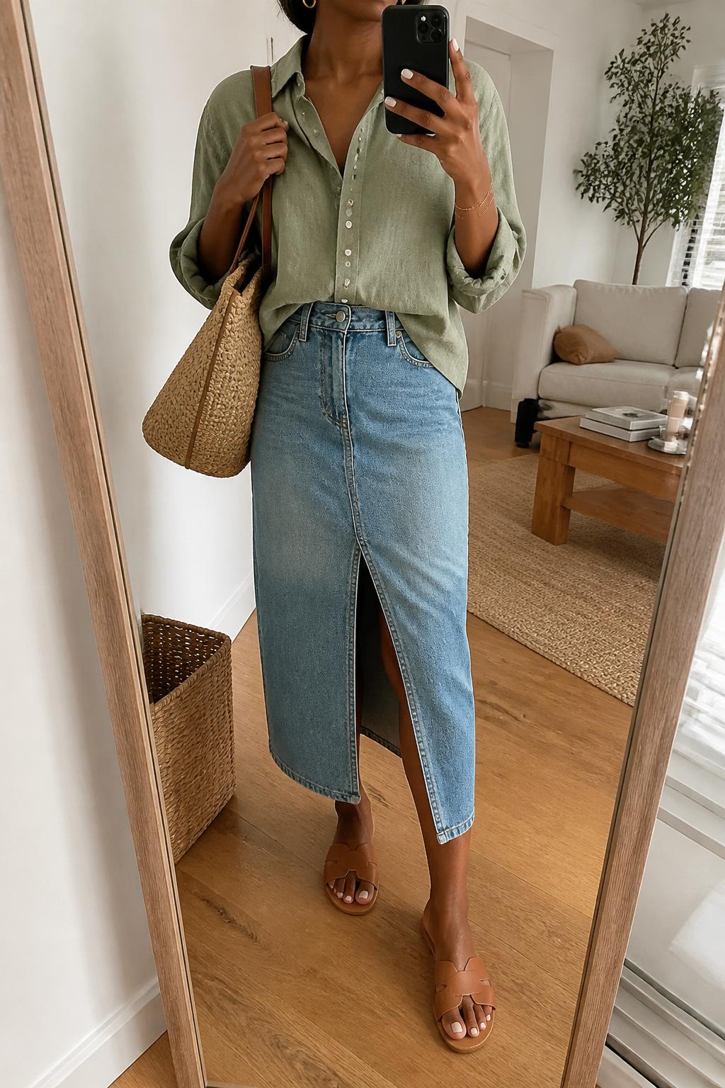 IMAGE_PROMPT: mirror selfie of a black woman wearing a sage green linen button-down shirt, medium wash denim midi skirt with front slit, tan leather slide sandals, woven tote bag, and small gold hoops, clearly showing the same clothing items listed in the Outfit Pieces section, holding a phone in front of a mirror, cropped at the NECK so the face does not show, relaxed casual selfie pose, in a cozy living room with a leaning floor mirror, soft morning light, with woven basket near the mirror, latest iPhone photo quality.