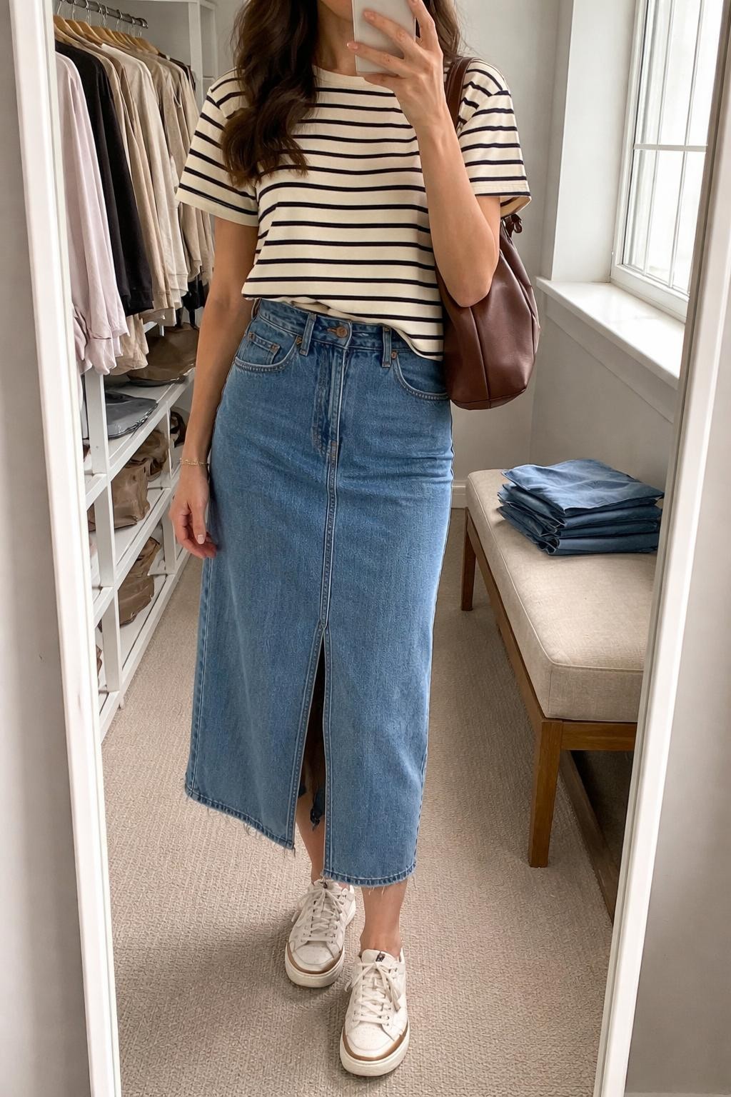 IMAGE_PROMPT: mirror selfie of a woman wearing a cream and navy striped cotton T-shirt, medium wash denim midi skirt, white low-top sneakers, brown leather shoulder bag, and loose waves, holding a phone in front of a mirror, cropped at the NECK so the face does not show, relaxed casual selfie pose, in a walk-in closet mirror, natural window light, with open closet with clothes visible and folded denim on a bench. Latest iPhone photo quality.
