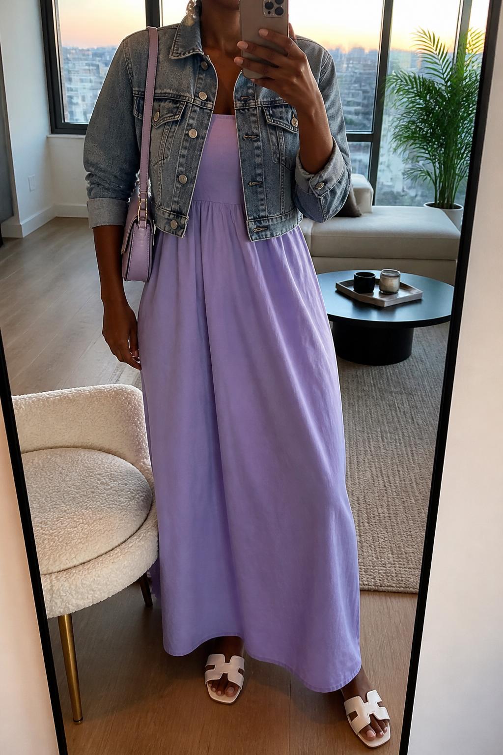 IMAGE_PROMPT: mirror selfie of a black woman wearing a cropped medium wash denim jacket, lavender cotton maxi dress, white flat sandals, lilac mini shoulder bag, and pearl drop earrings, clearly showing the same clothing items listed in the Outfit Pieces section, holding a phone in front of a mirror, cropped at the NECK so the face does not show, relaxed casual selfie pose, in a stylish city apartment living room, evening golden hour, with accent chair beside the mirror, latest iPhone photo quality.