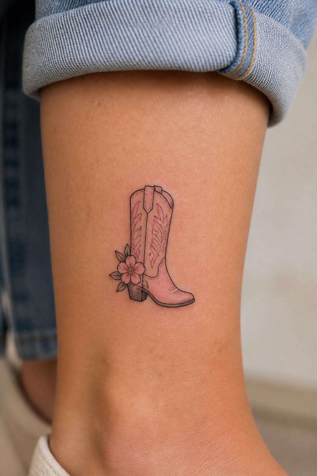 Image Prompt: "Close-up of a cute cowboy boot flash tattoo on the lower leg, small black outline, soft pink boot detail, tiny flower accent, clean simple shading, feminine western tattoo style, light denim cuff nearby, realistic skin texture, minimal background, design-focused tattoo photo"