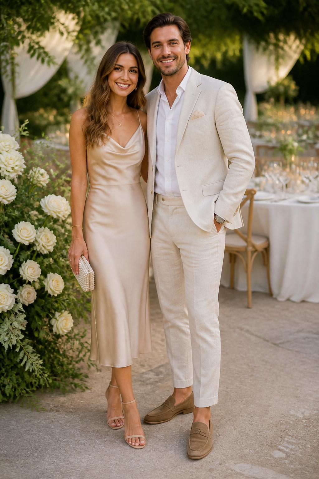 Outfit Image Prompt:
A stylish couple attending an elegant summer wedding at a soft outdoor garden venue, woman wearing a champagne satin midi slip dress with a draped neckline, delicate gold jewelry, soft curled hair, nude strappy heels, and a small pearl clutch, man wearing a cream linen suit with a white dress shirt, champagne pocket square, tan loafers, and a simple gold watch, standing together near white roses, pale greenery, and soft candlelit tables, coordinated neutral wedding guest outfits, romantic natural light, editorial fashion photography, full-body view, polished but not bridal, no bride or groom visible, realistic fabric texture, luxury garden wedding setting, 85mm lens look, high-end magazine style, no watermarks on images