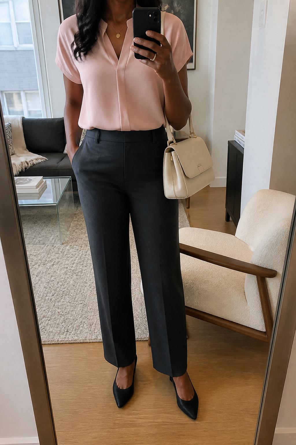 IMAGE_PROMPT: mirror selfie of a black woman wearing a soft pink short-sleeve blouse, charcoal straight-leg trousers, black pointed flats, cream satchel bag, and delicate gold necklace, clearly showing the same clothing items listed in the Outfit Pieces section, holding a phone in front of a mirror, cropped at the NECK so the face does not show, relaxed casual selfie pose, in a stylish city apartment living room, natural window light, with accent chair beside the mirror, latest iPhone photo quality.