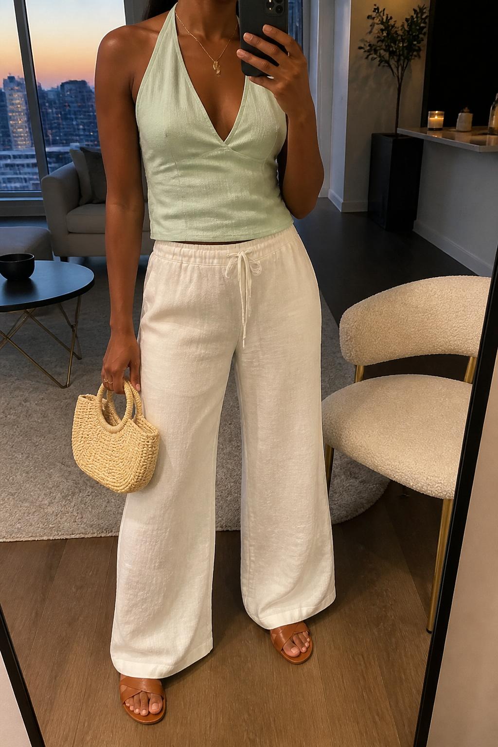 IMAGE_PROMPT: mirror selfie of a black woman wearing a mint halter top, white linen wide-leg pants, tan leather flat sandals, raffia mini handbag, and delicate gold necklace, clearly showing the same clothing items listed in the Outfit Pieces section, holding a phone in front of a mirror, cropped at the NECK so the face does not show, relaxed casual selfie pose, in a stylish city apartment living room, evening golden hour, with accent chair beside the mirror, latest iPhone photo quality.