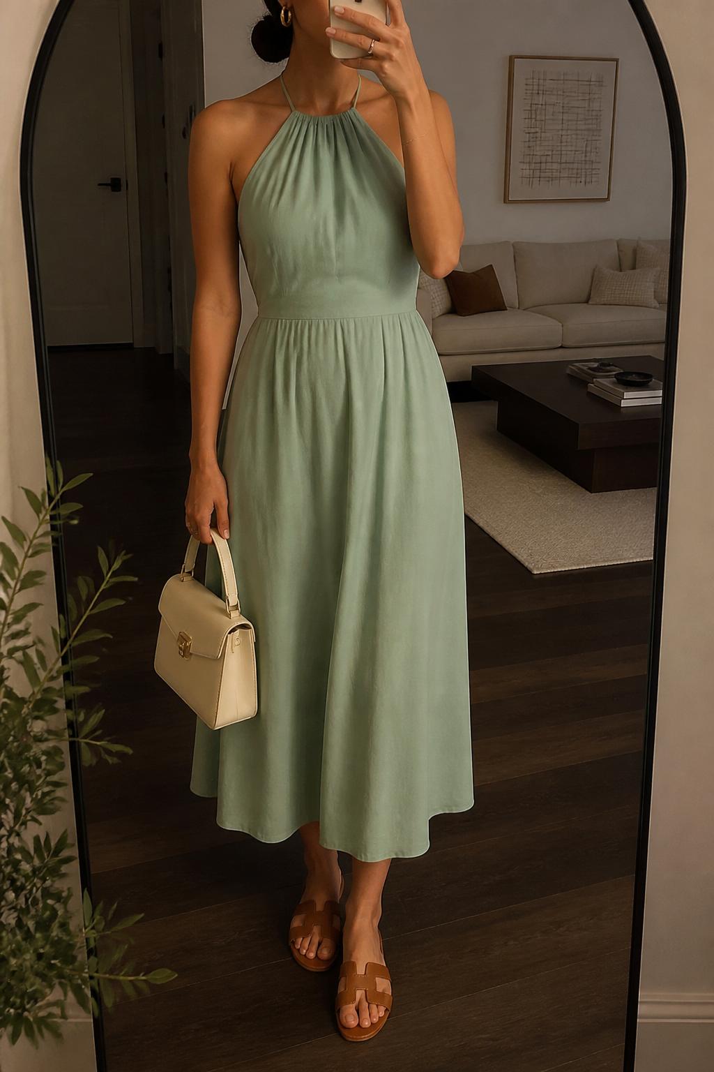 IMAGE_PROMPT: mirror selfie of a woman wearing a sea green halter midi dress, tan leather flat sandals, cream top-handle bag, gold hoop earrings, and smooth low bun, clearly showing the same clothing items listed in the Outfit Pieces section, holding a phone in front of a mirror, cropped at the NECK so the face does not show, relaxed casual selfie pose, in a modern living room mirror setup, warm moody lighting, with small plant beside the floor mirror, latest iPhone photo quality.
