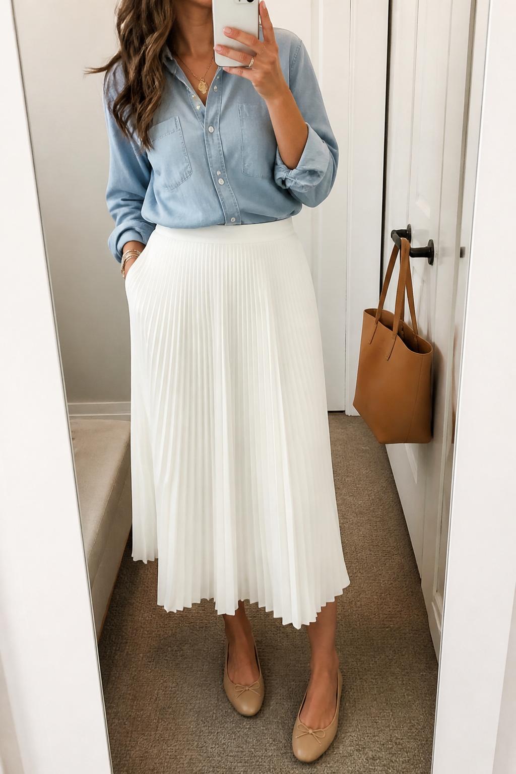 IMAGE_PROMPT: mirror selfie of a woman wearing a light chambray button-down shirt, white pleated midi skirt, nude ballet flats, tan leather tote bag, and soft wavy hair, clearly showing the same clothing items listed in the Outfit Pieces section, holding a phone in front of a mirror, cropped at the NECK so the face does not show, relaxed casual selfie pose, in a minimal dressing room, soft indoor lighting, with handbag hanging on a door handle, latest iPhone photo quality.