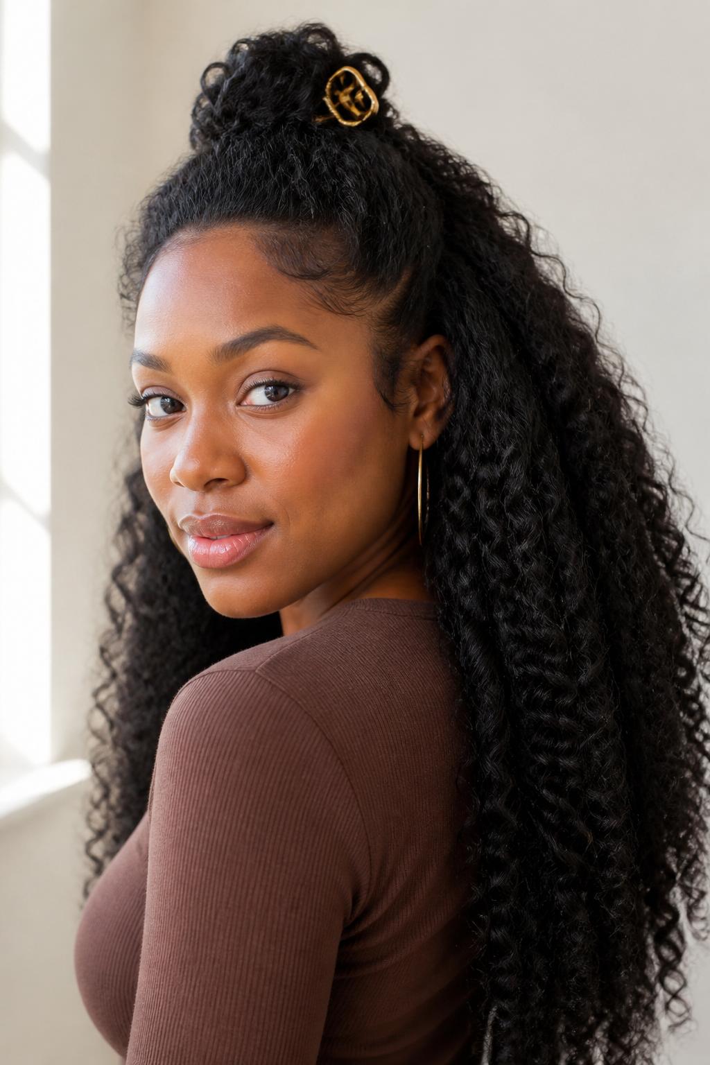 Image Prompt:
A realistic portrait photo of a black woman with long natural curly hair styled in a half up half down claw clip hairstyle, top curls gathered at the crown and secured with a small gold claw clip, full defined curls flowing down the shoulders and back, soft baby hairs, warm brown skin, hoop earrings, ribbed brown top, bright window light, clean neutral background, natural texture beauty inspiration, high-resolution DSLR photo, no text, (no watermarks on images)