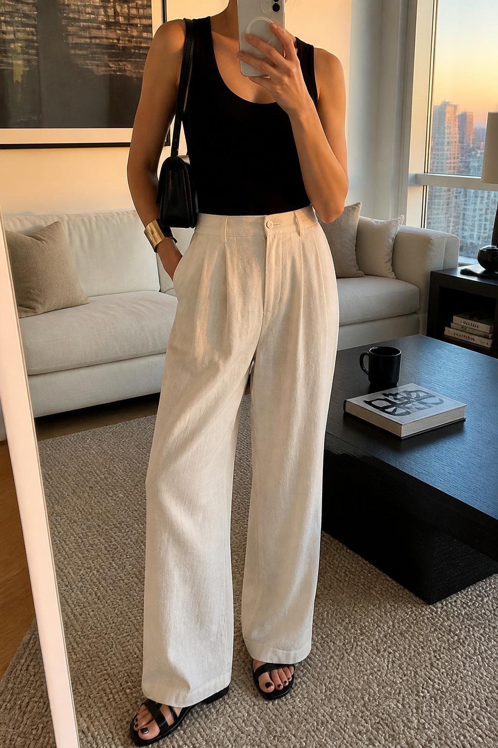 IMAGE_PROMPT: mirror selfie of a woman wearing a black fitted tank top, cream linen wide-leg trousers, black leather flat sandals, structured black shoulder bag, and gold cuff bracelet, clearly showing the same clothing items listed in the Outfit Pieces section, holding a phone in front of a mirror, cropped at the NECK so the face does not show, relaxed casual selfie pose, in a stylish city apartment living room, evening golden hour, with coffee table with a book and mug, latest iPhone photo quality.