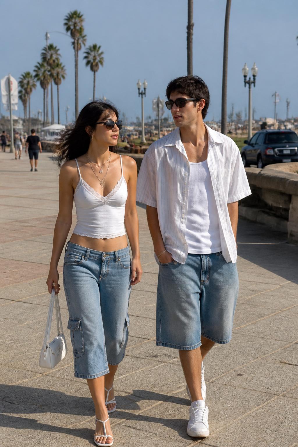 Outfit Image Prompt:
A fashionable couple wearing soft Y2K summer outfits while walking near a beach boardwalk, woman wearing a white lace-trim cami, low-rise denim capris, kitten-heel sandals, small baguette bag, and layered necklaces, man wearing an open short-sleeve striped shirt over a white tank, loose denim shorts, white sneakers, and tinted sunglasses, coordinated white and denim couple outfit, natural casual walking shot, realistic summer daylight, slight breeze in clothing, normal skin texture, real fabric folds, not overly edited, no hyper-sharp edges, no waxy faces, no watermarks on images