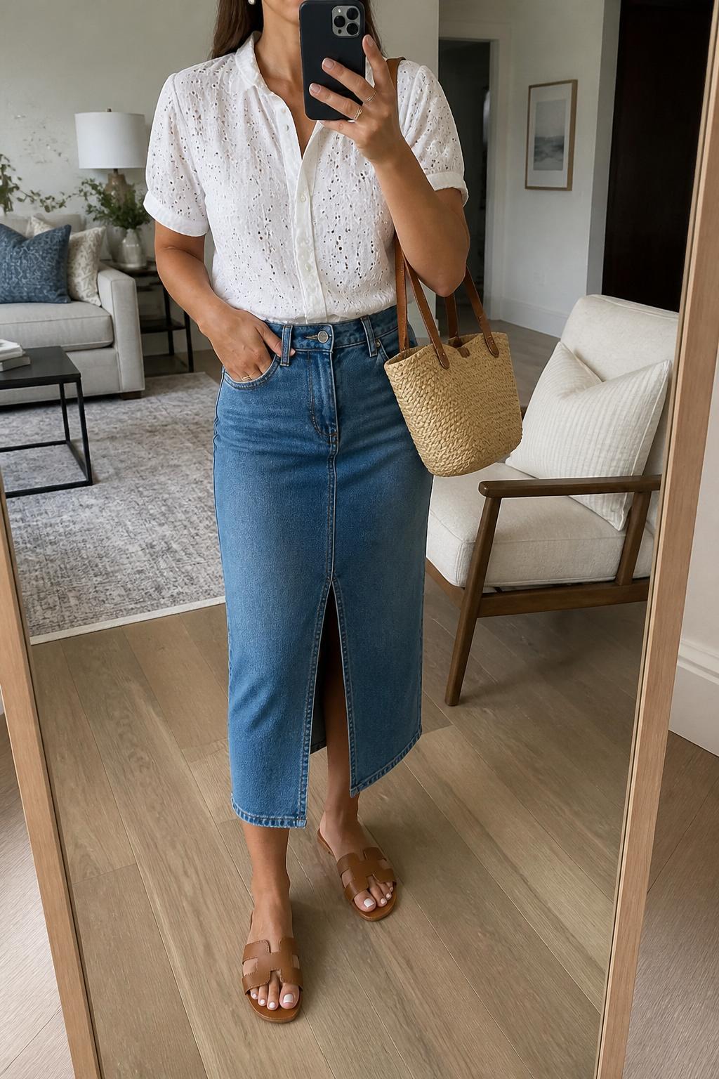 IMAGE_PROMPT: mirror selfie of a woman wearing a white eyelet short-sleeve blouse, medium wash denim midi skirt with front slit, tan leather sandals, straw shoulder bag, and pearl stud earrings, clearly showing the same clothing items listed in the Outfit Pieces section, holding a phone in front of a mirror, cropped at the NECK so the face does not show, relaxed casual selfie pose, in a modern living room mirror setup, natural window light, with accent chair beside the mirror, latest iPhone photo quality.