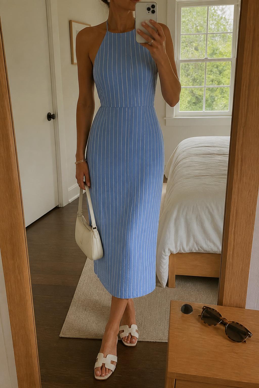 IMAGE_PROMPT: mirror selfie of a woman wearing a blue lined halter midi dress, white flat sandals, cream mini handbag, pearl stud earrings, and smooth low bun, clearly showing the same clothing items listed in the Outfit Pieces section, holding a phone in front of a mirror, cropped at the NECK so the face does not show, relaxed casual selfie pose, in a cozy bedroom mirror setup, natural window light, with sunglasses placed on a dresser, latest iPhone photo quality.