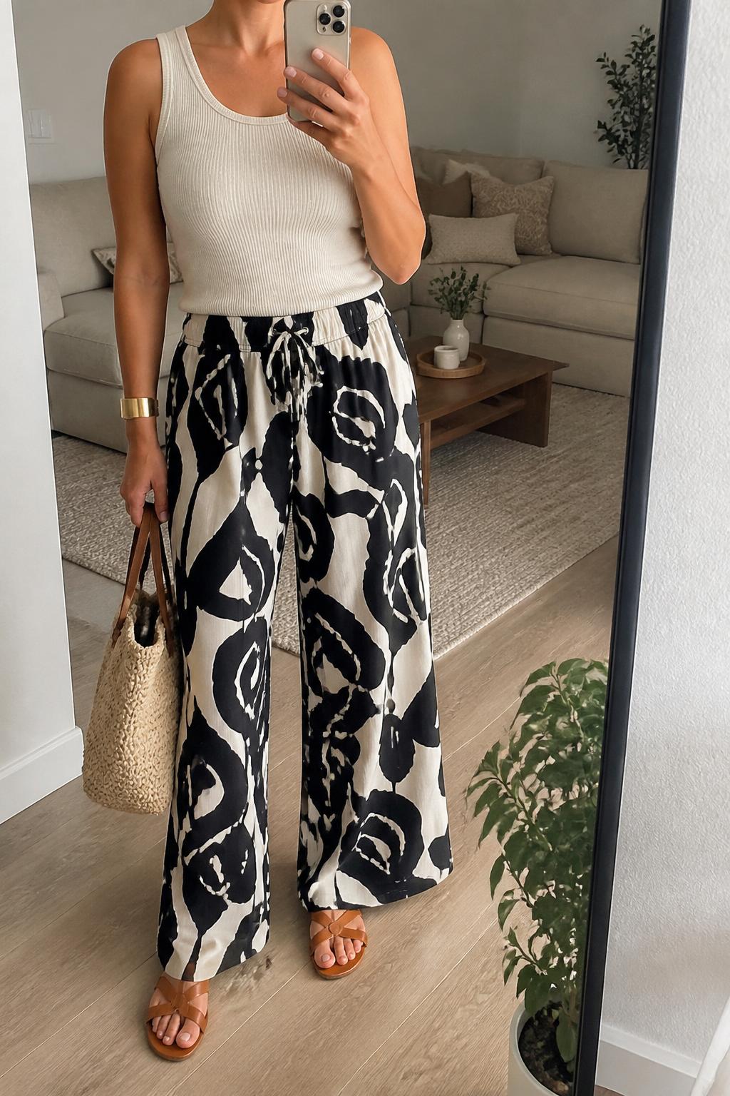 IMAGE_PROMPT: mirror selfie of a woman wearing a cream ribbed tank top, black and white printed wide-leg pants, tan leather flat sandals, woven tote bag, and gold cuff bracelet, clearly showing the same clothing items listed in the Outfit Pieces section, holding a phone in front of a mirror, cropped at the NECK so the face does not show, relaxed casual selfie pose, in a modern living room mirror setup, soft morning light, with small plant beside the floor mirror, latest iPhone photo quality.