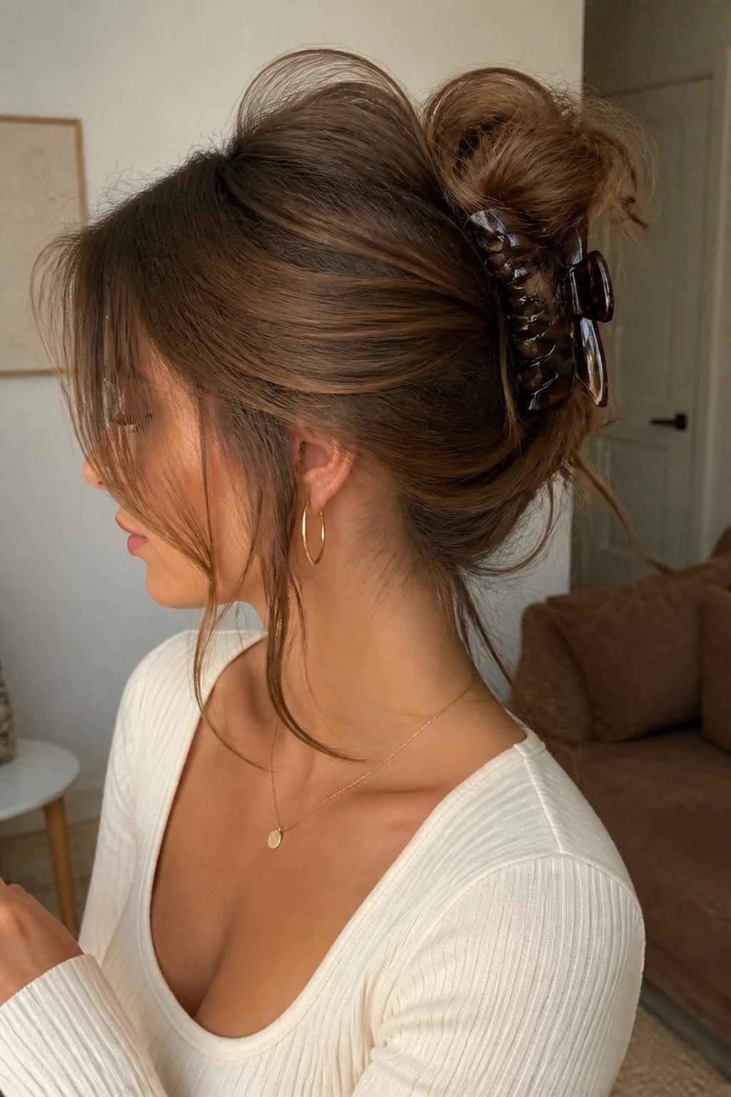 Image Prompt:
A realistic editorial hairstyle photo of a woman with long caramel brown layered hair styled into a big messy claw clip bun, hair loosely gathered at the back with a large brown claw clip, soft ends fanning over the clip, airy crown volume, loose face-framing layers, cream ribbed top, warm indoor natural light, casual Pinterest hairstyle inspiration, high-resolution photo, no text, (no watermarks on images)