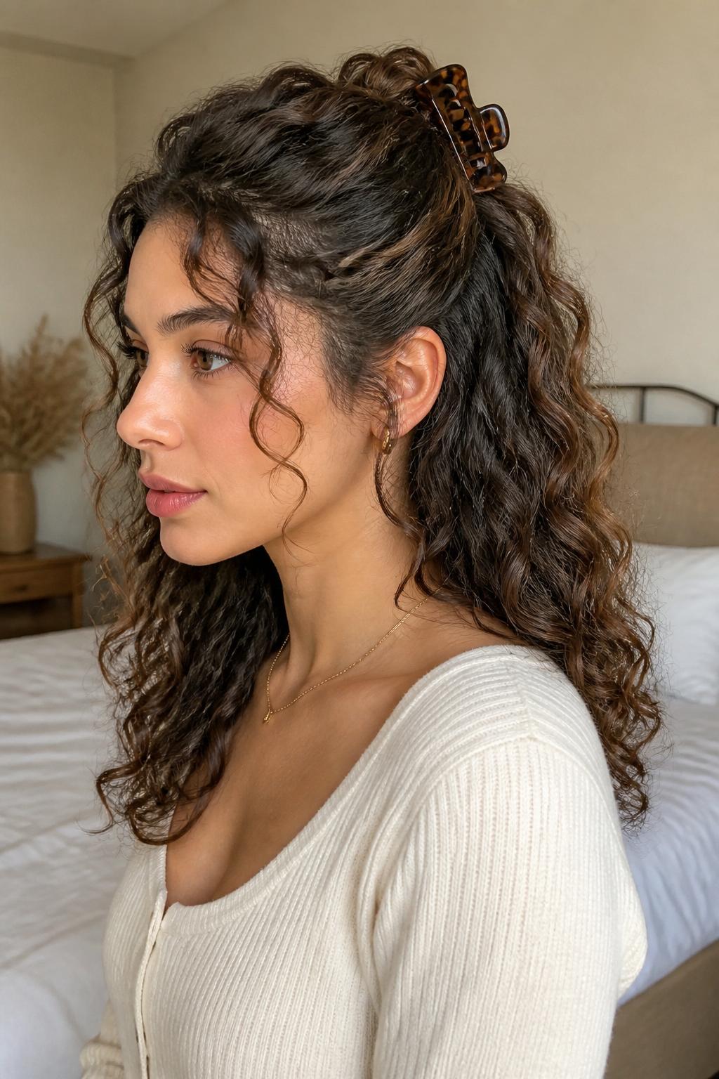 Image Prompt:
A realistic editorial beauty photo of a woman with medium-long defined curly hair styled in a half-up claw clip hairstyle, top section gathered gently at the crown and secured with a medium tortoiseshell claw clip, loose bouncy curls flowing over the shoulders, soft face-framing tendrils, warm natural window light, cream knit top, cozy neutral bedroom background, feminine everyday hairstyle inspiration, high-resolution DSLR photo, no text, (no watermarks on images)