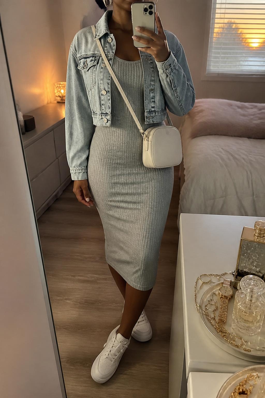 IMAGE_PROMPT: mirror selfie of a black woman wearing a grey ribbed tank midi dress, cropped light wash denim jacket, white low-top sneakers, cream crossbody bag, and small silver hoop earrings, clearly showing the same clothing items listed in the Outfit Pieces section, holding a phone in front of a mirror, cropped at the NECK so the face does not show, relaxed casual selfie pose, in a feminine-themed bedroom, evening golden hour, with jewelry tray on the vanity, latest iPhone photo quality.