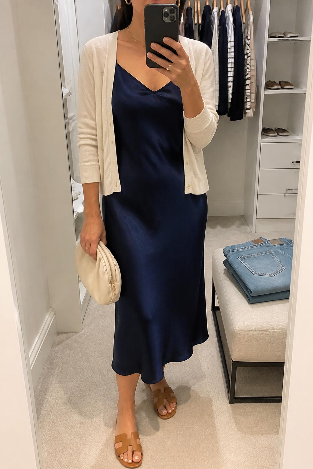 IMAGE_PROMPT: mirror selfie of a woman wearing a navy satin slip midi dress, cream lightweight cardigan, tan leather flat sandals, small cream clutch bag, and gold hoop earrings, clearly showing the same clothing items listed in the Outfit Pieces section, holding a phone in front of a mirror, cropped at the NECK so the face does not show, relaxed casual selfie pose, in a walk-in closet mirror, soft indoor lighting, with folded denim jeans on a bench, latest iPhone photo quality.