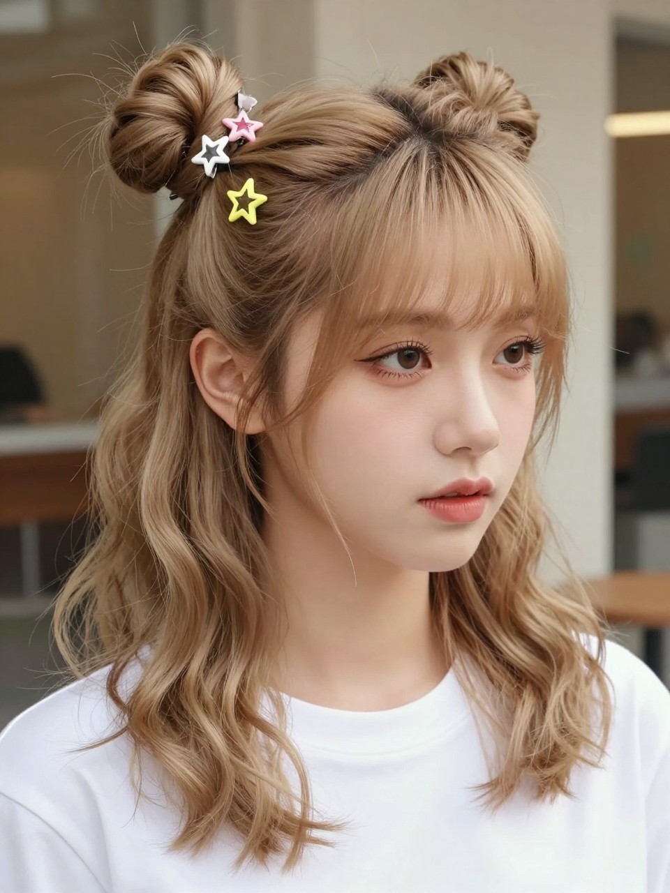 Image Prompt:
A realistic fashion beauty photo of a woman with medium-length dark blonde hair styled into two small half-up space buns, each bun secured with a tiny star clip, loose waves left down, wispy face-framing strands, white baby tee, bright cafe background, soft daylight, trendy youthful hairstyle inspiration, high-resolution DSLR photo, no text, (no watermarks on images)