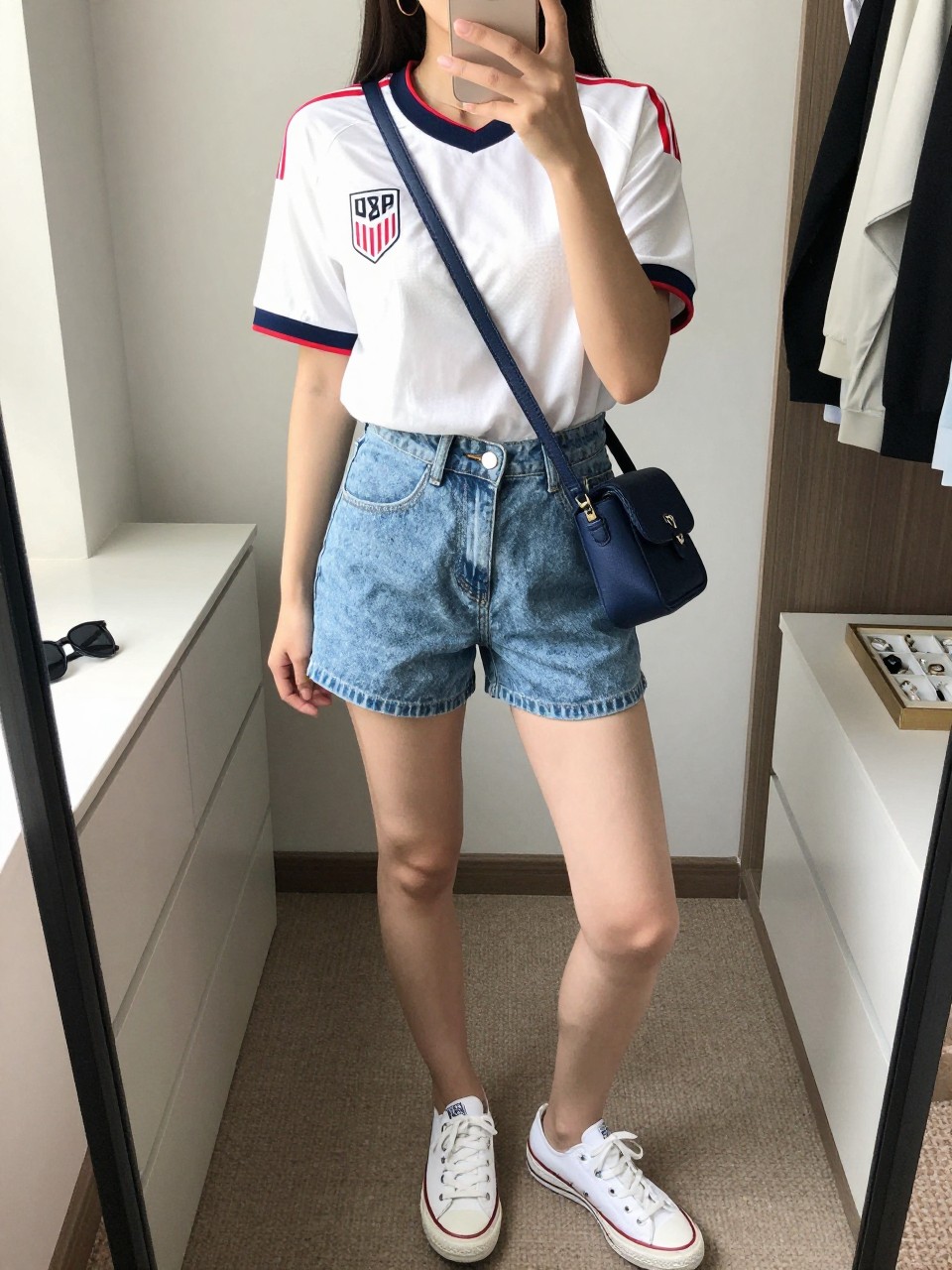 mirror selfie of a woman wearing a white USA soccer jersey with navy and red details, light wash high-rise denim shorts, white low-top sneakers, navy mini crossbody bag, and gold hoop earrings, clearly showing the same clothing items, colors, fabrics, and accessories listed in the Outfit Pieces section, holding a phone in front of a mirror, cropped at NECK so the face does not show, with a relaxed casual selfie pose, in a walk-in closet mirror, natural window light, including sunglasses placed on a dresser and a jewelry tray on the vanity, latest iPhone photo quality.
