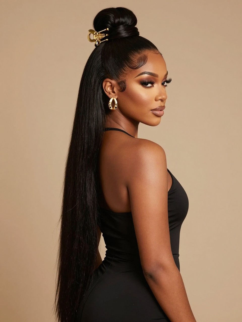 Image Prompt:
A realistic editorial beauty photo of a black woman with long sleek straight hair styled in a high half up half down claw clip hairstyle, top section gathered high at the crown and secured with a large gold claw clip, long straight hair flowing down the back, smooth edges, soft glam makeup, statement earrings, fitted black dress, warm studio lighting, confident modern hairstyle inspiration, high-resolution DSLR photo, no text, (no watermarks on images)