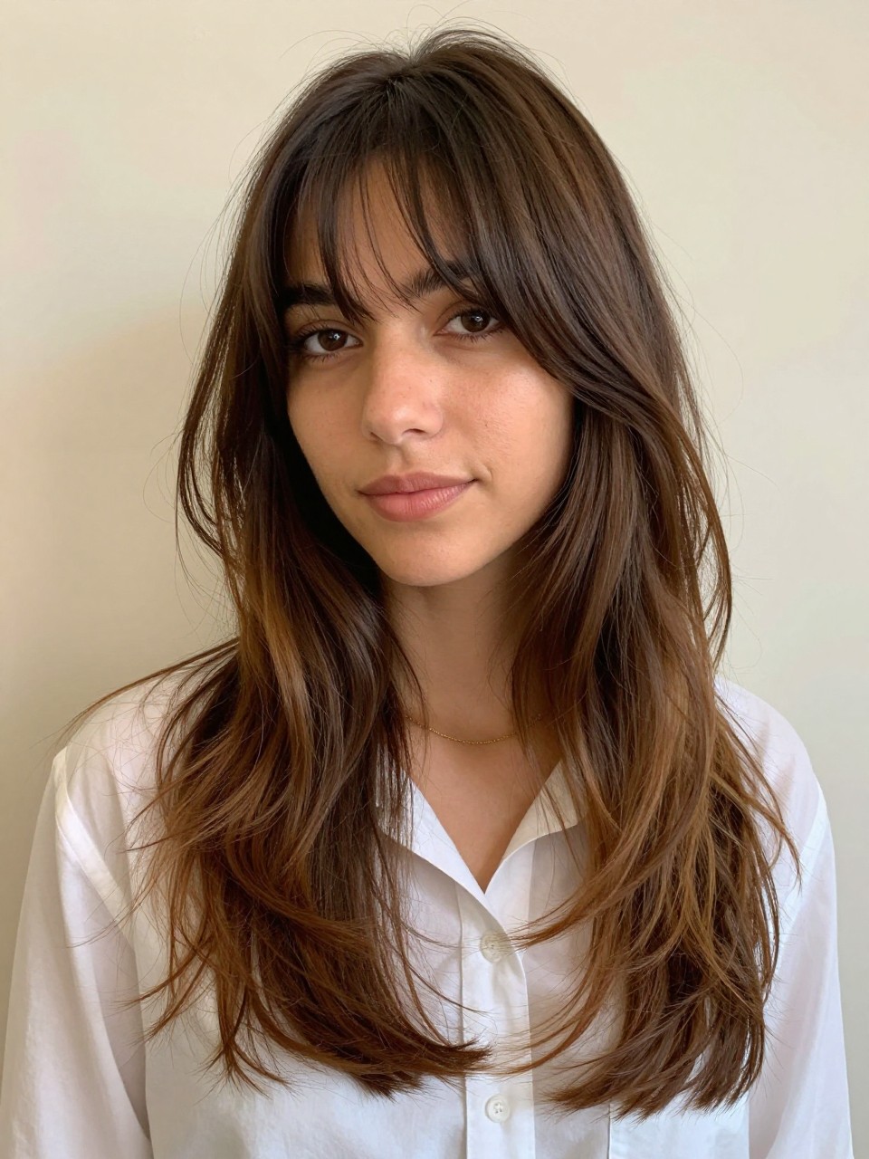 A realistic beauty portrait of a woman with medium olive skin wearing long layered hair with French wispy bangs, deep brunette roots fading into soft caramel brown ends, bangs light and piecey across the brows with slightly longer temple pieces, long face-framing layers starting at the cheekbones, loose brushed waves through the mid-lengths, hair falling past the shoulders, natural shine, white button-down shirt, delicate gold necklace, photographed in soft morning light against a warm cream wall, realistic skin texture, gentle flyaways, natural editorial hairstyle focus.