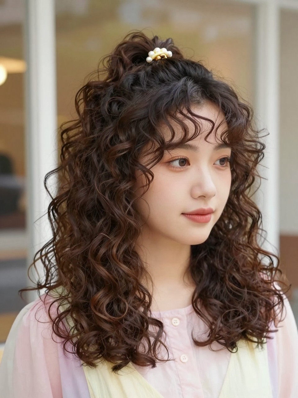 Image Prompt:
A realistic close-up portrait of a woman with medium-length defined curly hair styled half-up half-down with a pearl banana clip, top curls gathered lightly at the crown, lower curls left full and bouncy, soft tendrils around the forehead, pastel blouse, bright café window background, warm daylight, cute curly hairstyle inspiration, high-resolution DSLR photo, no text, (no watermarks on images)
