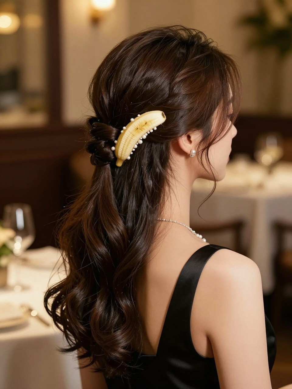 Image Prompt:
A realistic editorial beauty photo of a woman with long dark brown hair styled into an elegant evening banana clip updo, softly twisted and clipped at the back with a pearl-accented banana clip, face-framing tendrils, black satin dress, delicate jewelry, softly lit restaurant background, warm golden lighting, refined evening hairstyle inspiration, high-resolution DSLR photography, no text, (no watermarks on images)