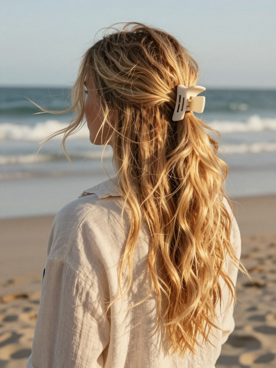 Image Prompt:
A realistic outdoor beach photo of a woman with long sun-kissed blonde wavy hair styled into a messy claw clip twist, hair loosely gathered with a matte white claw clip, salty waves and soft strands moving in the breeze, linen shirt over a swimsuit, sandy beach and ocean background, golden hour lighting, relaxed vacation hairstyle inspiration, DSLR photo, no text, (no watermarks on images)